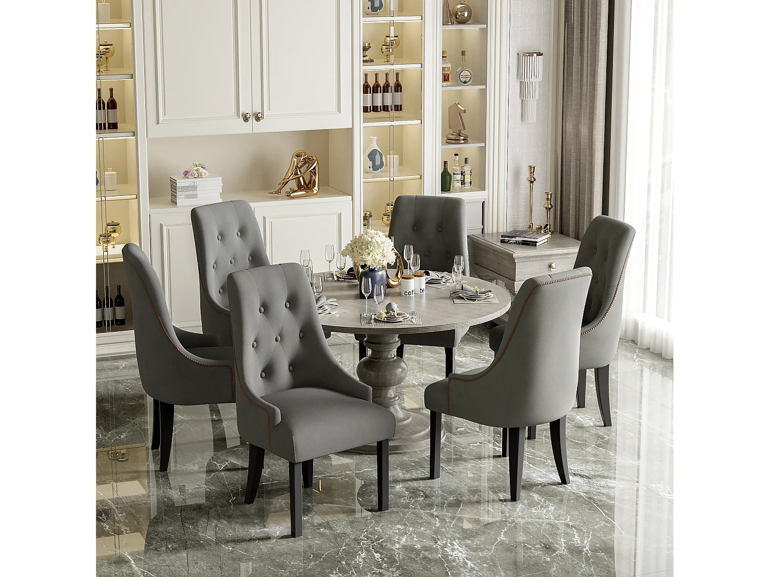 Set di 6 sedie per sala da pranzo - 56 x 55 x 100 cm - Gambe in velluto e legno della gomma - Grigio
