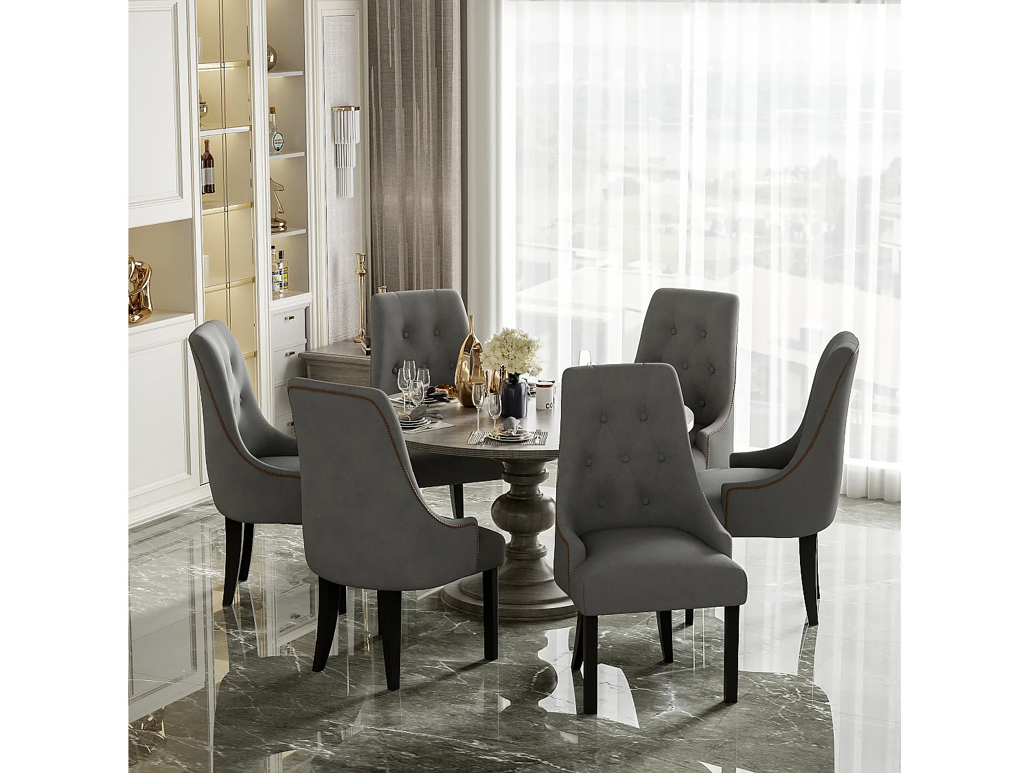 Set di 6 sedie per sala da pranzo - 56 x 55 x 100 cm - Gambe in velluto e legno della gomma - Grigio