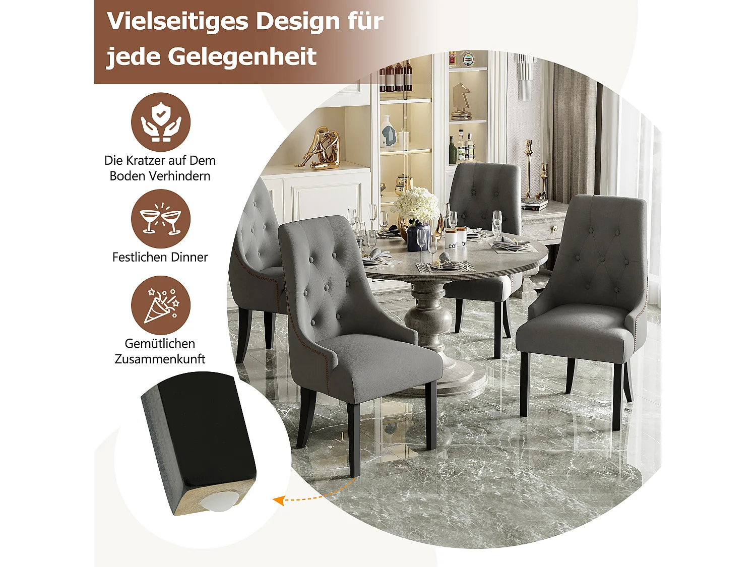 Set di 6 sedie per sala da pranzo - 56 x 55 x 100 cm - Gambe in velluto e legno della gomma - Grigio