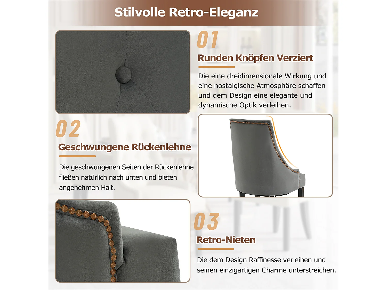 Set di 6 sedie per sala da pranzo - 56 x 55 x 100 cm - Gambe in velluto e legno della gomma - Grigio