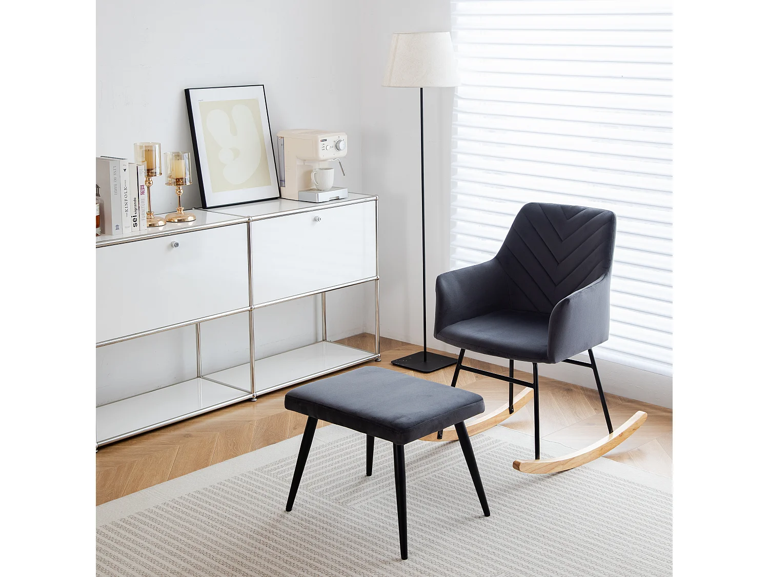 Schommelstoel met voetsteun - 56,5 x 44 x 84 cm - Fluweel, evea hout en metaal - Grijs