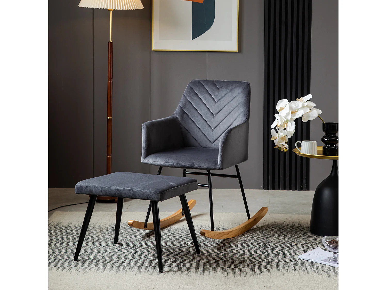 Schommelstoel met voetsteun - 56,5 x 44 x 84 cm - Fluweel, evea hout en metaal - Grijs