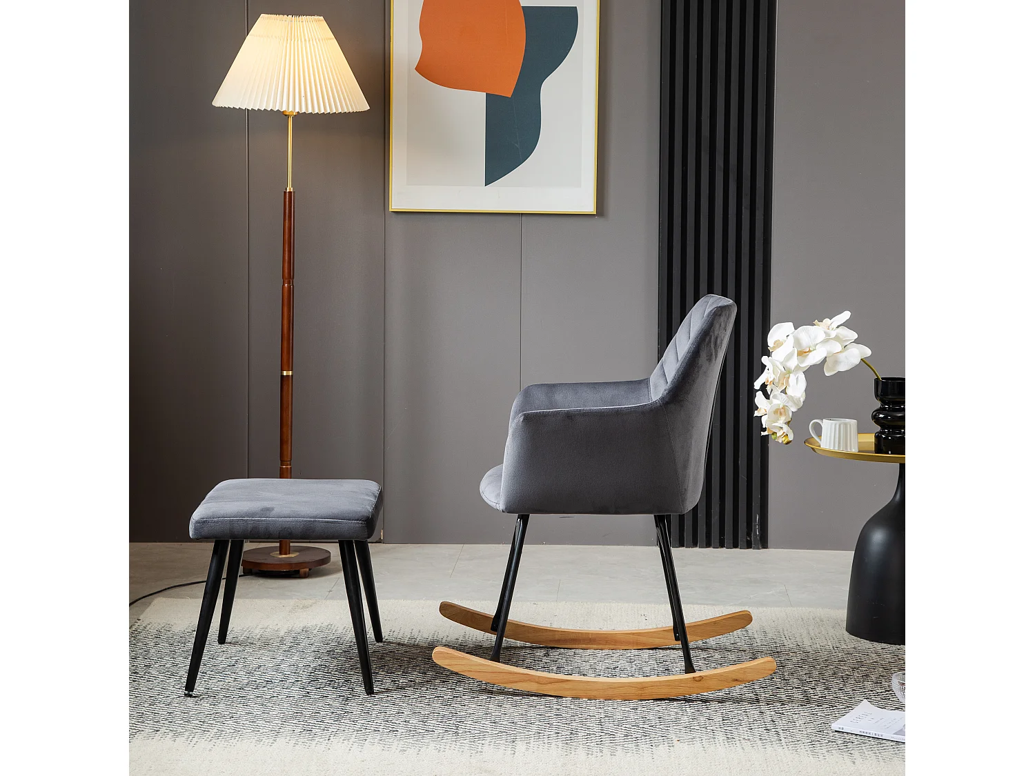 Schommelstoel met voetsteun - 56,5 x 44 x 84 cm - Fluweel, evea hout en metaal - Grijs