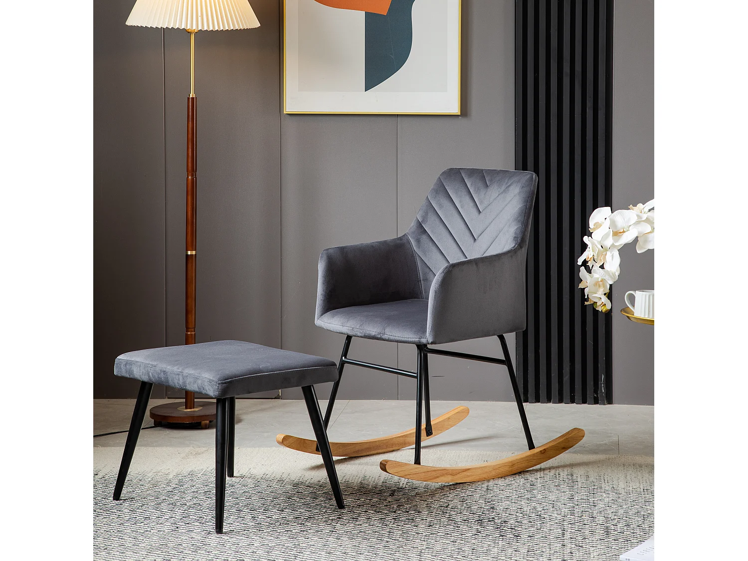 Schommelstoel met voetsteun - 56,5 x 44 x 84 cm - Fluweel, evea hout en metaal - Grijs