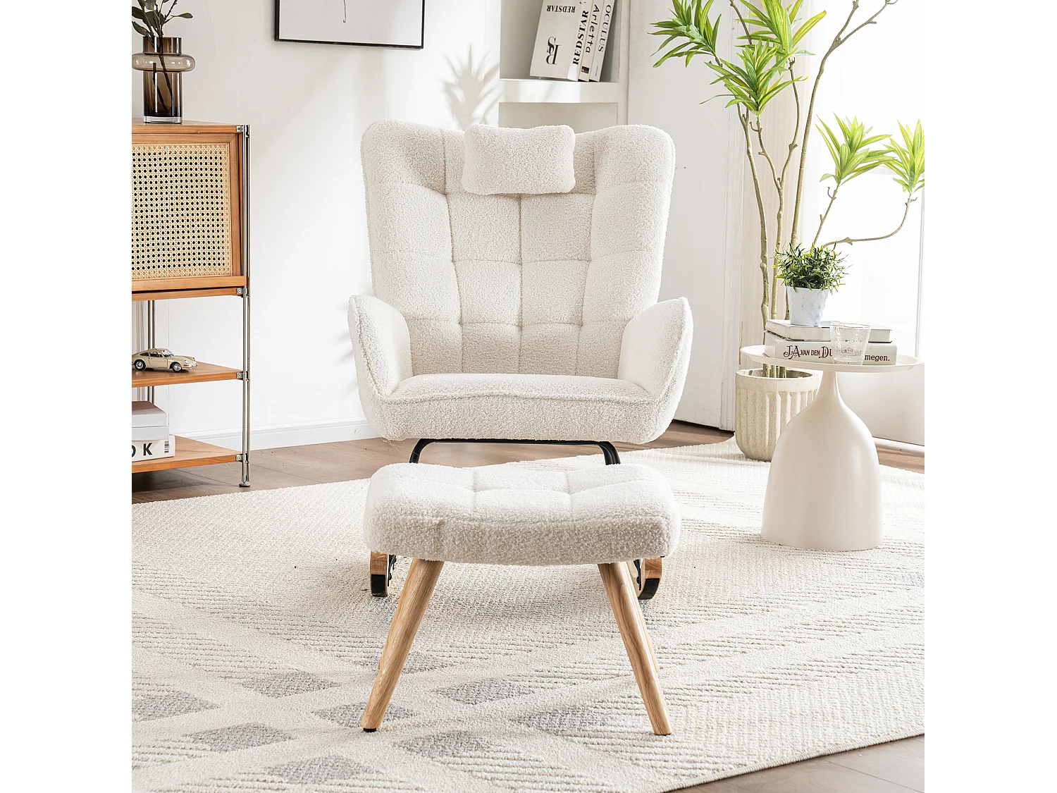 Schommelstoel met voetsteun en hoofdsteun - 65 x 94 x 92 cm - Teddy-Polar, evea hout en metaal - Wit