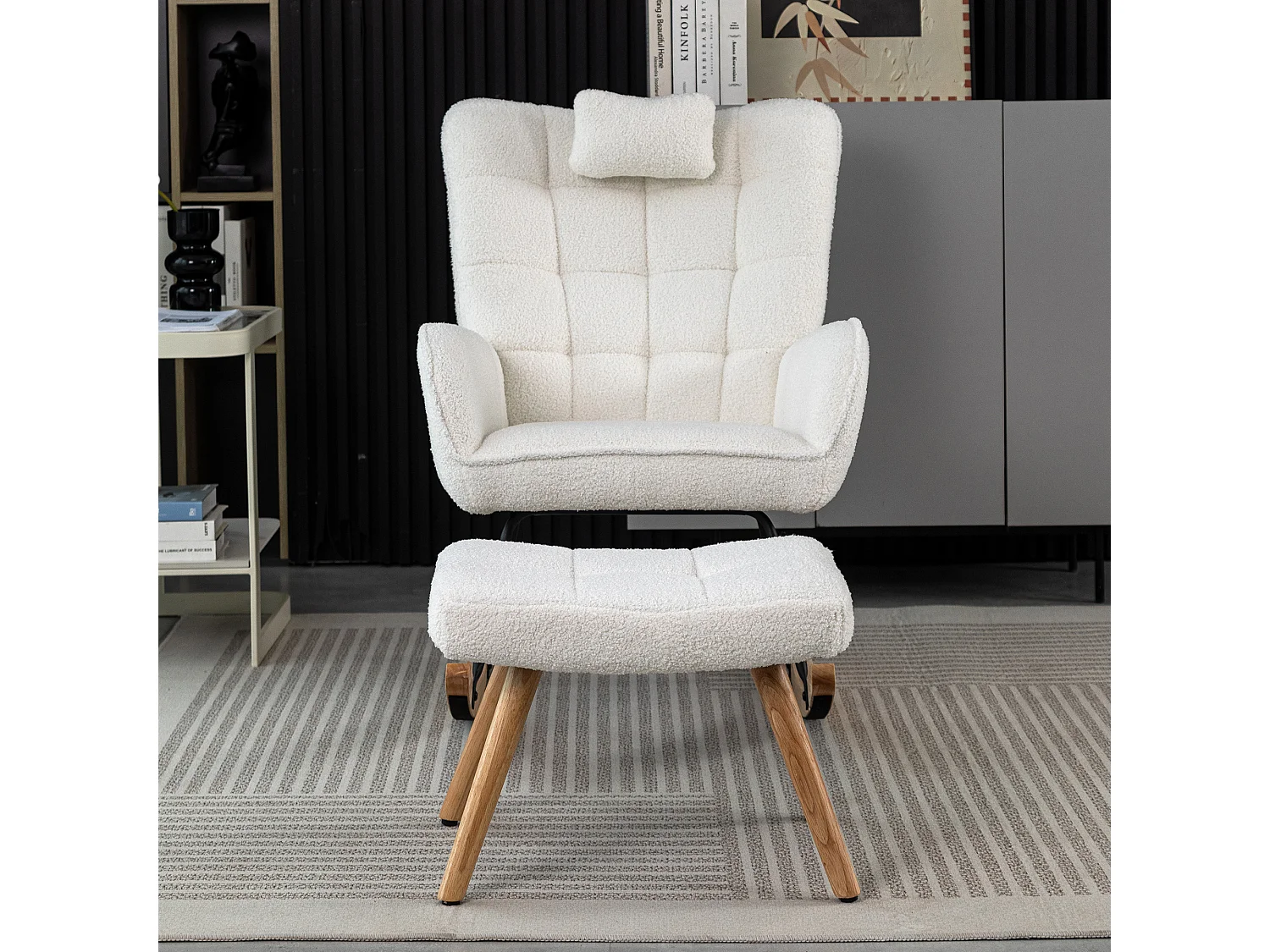 Schommelstoel met voetsteun en hoofdsteun - 65 x 94 x 92 cm - Teddy-Polar, evea hout en metaal - Wit