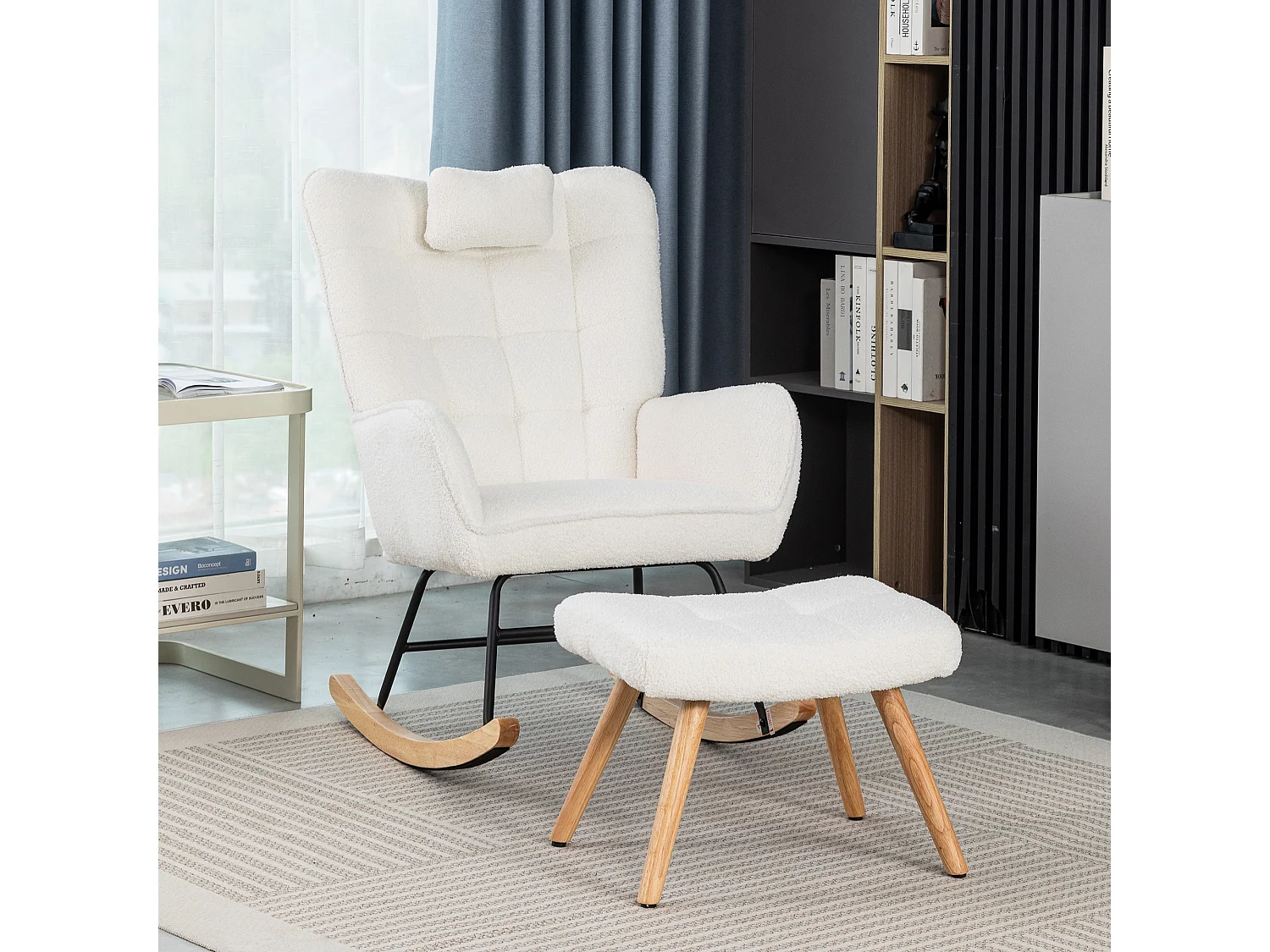 Schommelstoel met voetsteun en hoofdsteun - 65 x 94 x 92 cm - Teddy-Polar, evea hout en metaal - Wit