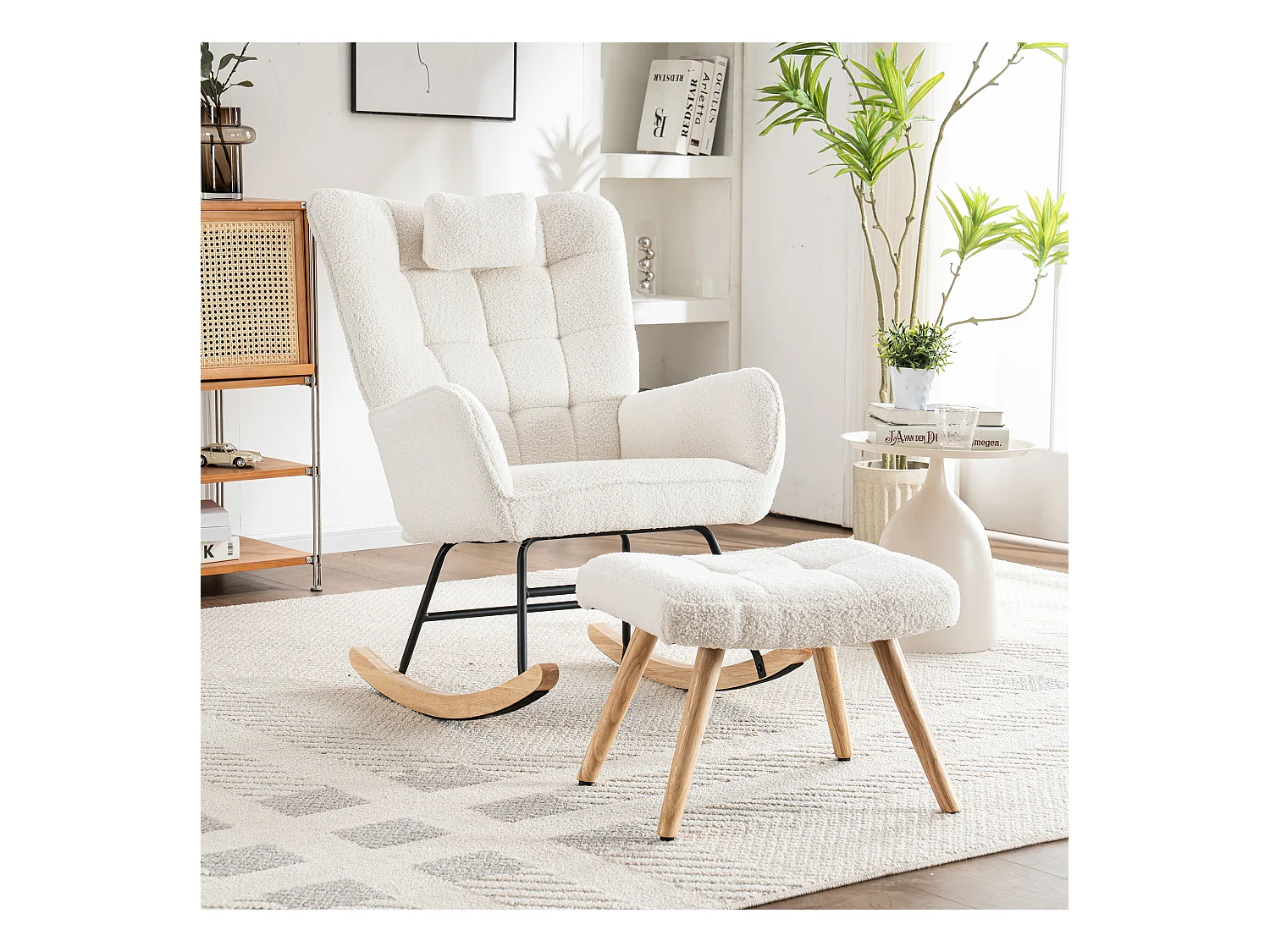 Chaise à bascule avec repose-pieds et appui-tête - 65 x 94 x 92 cm - Teddy-Polaire, boid d'évéa et métal - Blanc