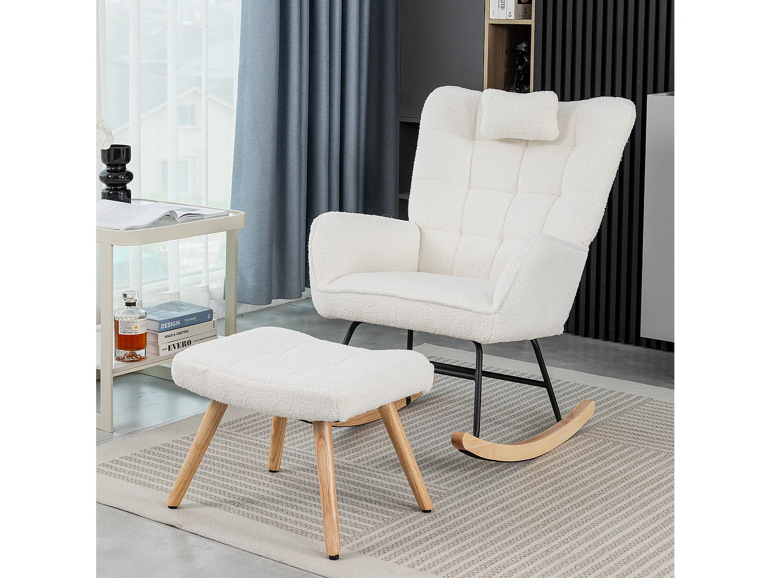 Schommelstoel met voetsteun en hoofdsteun - 65 x 94 x 92 cm - Teddy-Polar, evea hout en metaal - Wit