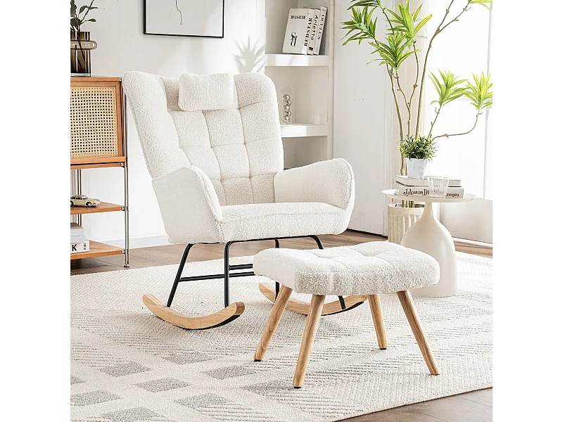 Chaise à bascule avec repose-pieds et appui-tête - 65 x 94 x 92 cm - Teddy-Polaire, boid d'évéa et métal - Blanc