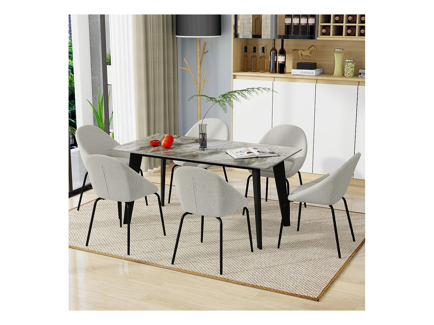 Lot de 6 chaises bouclées modernes - Velours et métal - 51 x 40 x 77 cm - Gris