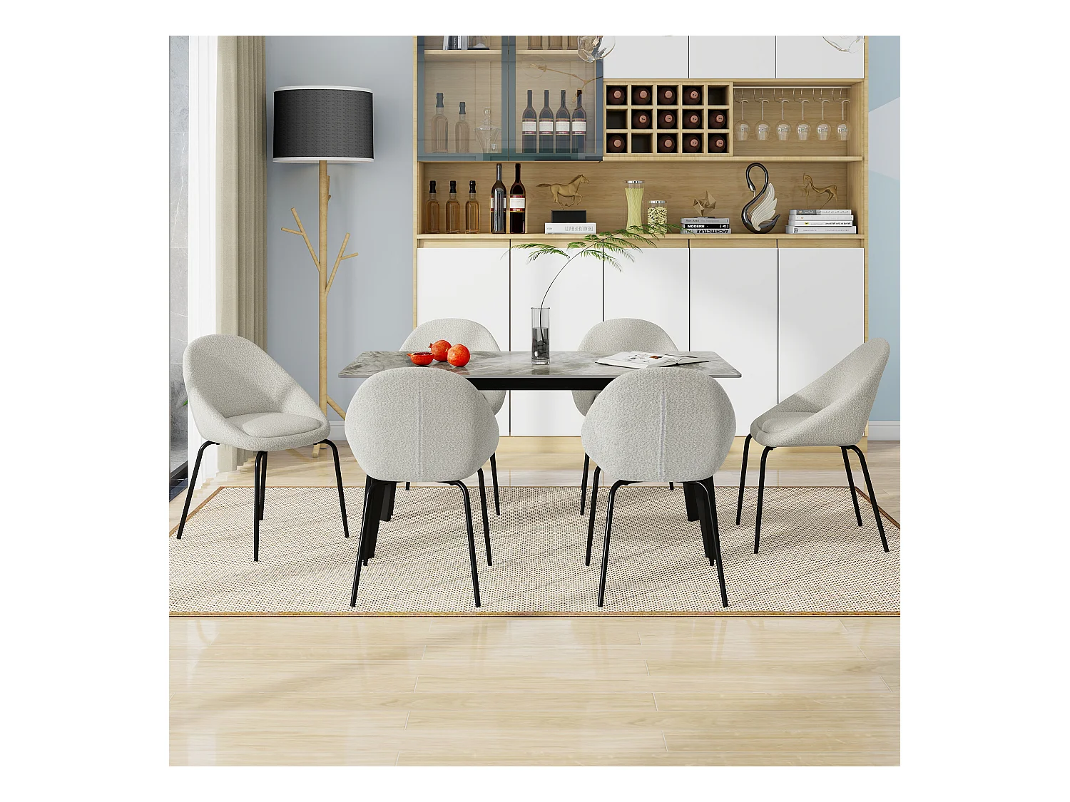 Lot de 6 chaises bouclées modernes - Velours et métal - 51 x 40 x 77 cm - Gris