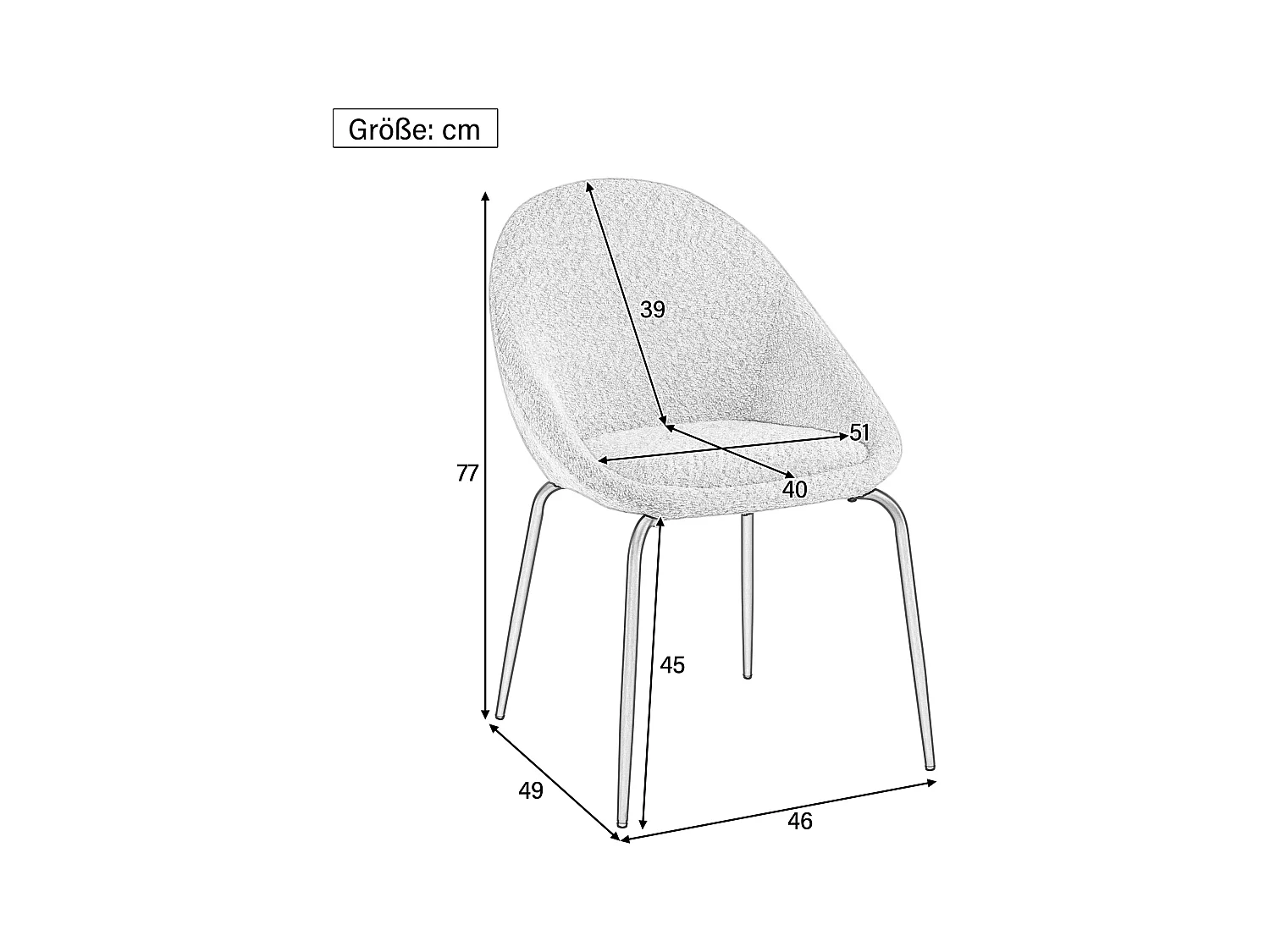 Lot de 6 chaises bouclées modernes - Velours et métal - 51 x 40 x 77 cm - Gris