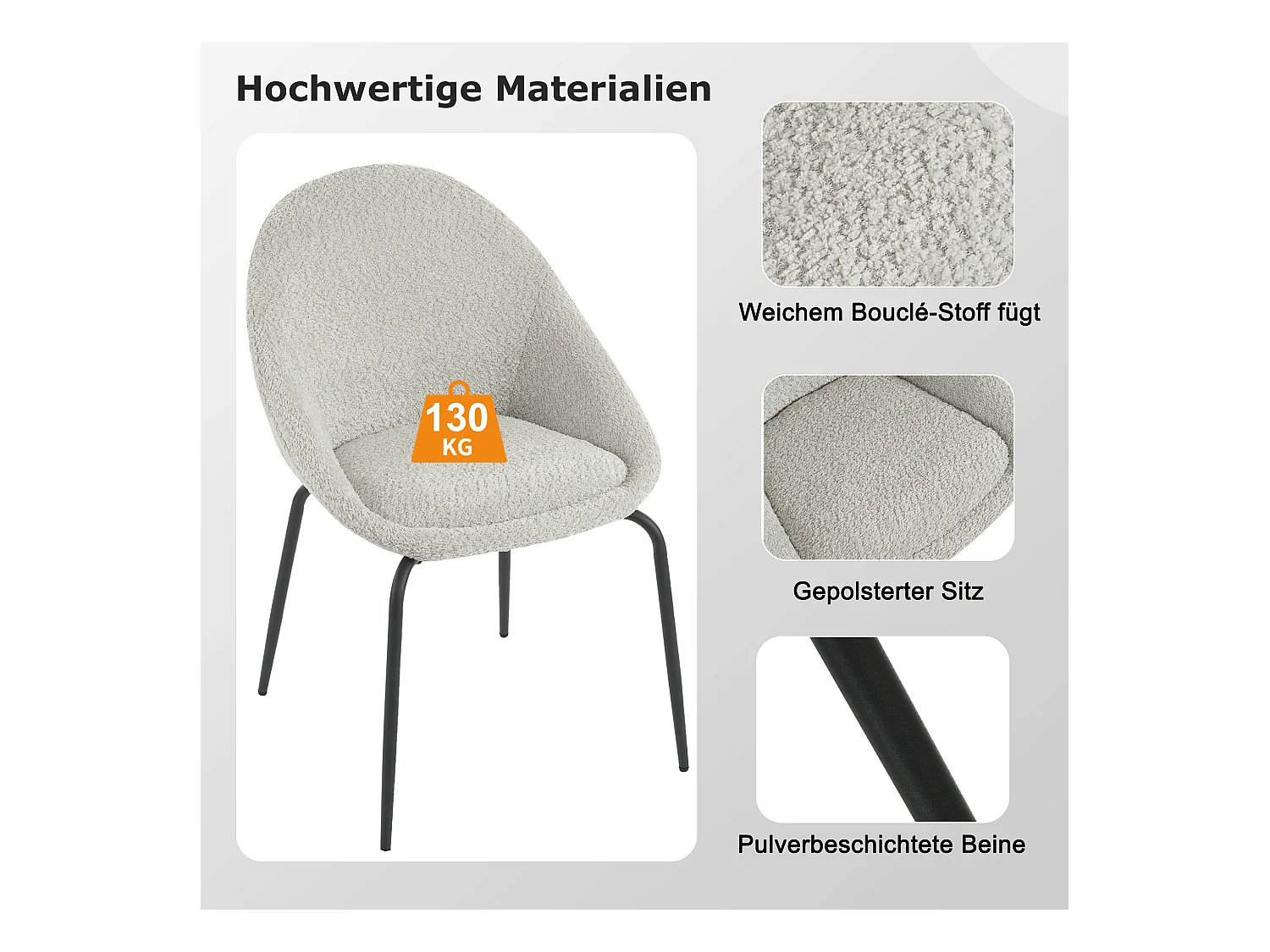 Lot de 6 chaises bouclées modernes - Velours et métal - 51 x 40 x 77 cm - Gris