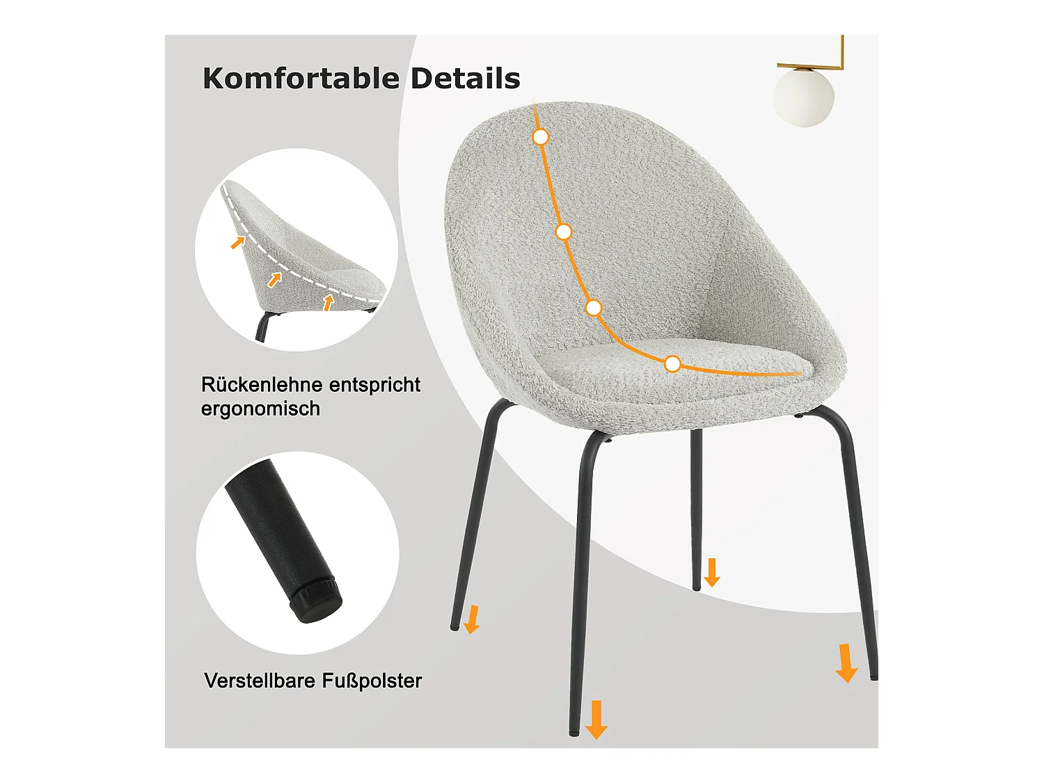 Lot de 6 chaises bouclées modernes - Velours et métal - 51 x 40 x 77 cm - Gris
