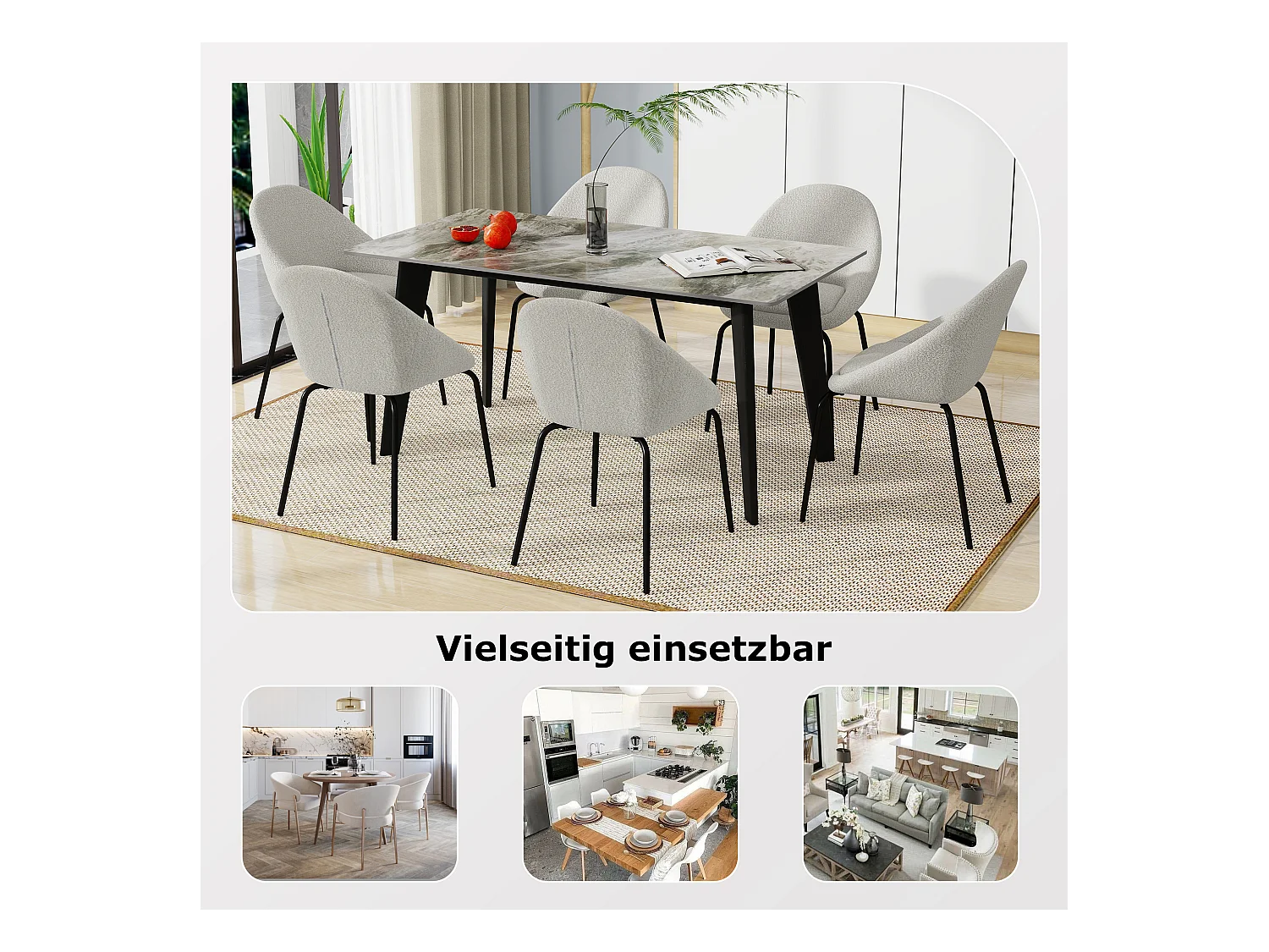 Lot de 6 chaises bouclées modernes - Velours et métal - 51 x 40 x 77 cm - Gris