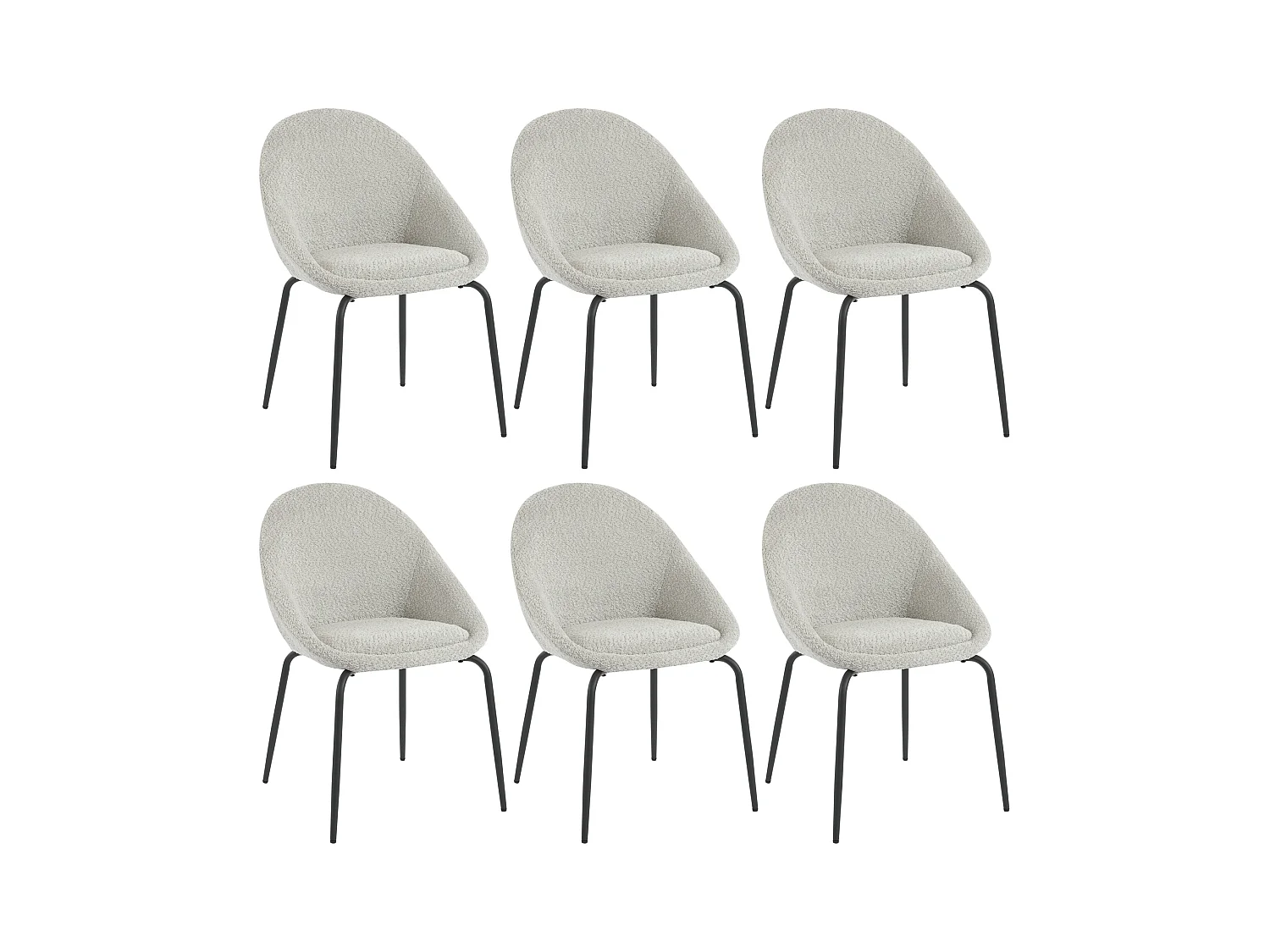 Lot de 6 chaises bouclées modernes - Velours et métal - 51 x 40 x 77 cm - Gris