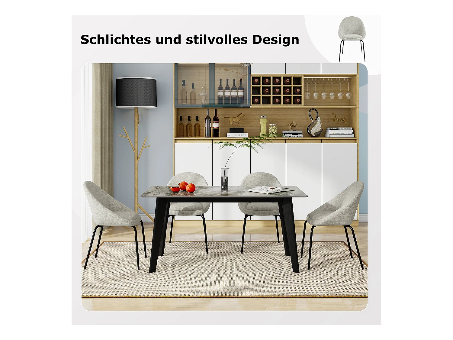 Lot de 6 chaises bouclées modernes - Velours et métal - 51 x 40 x 77 cm - Gris