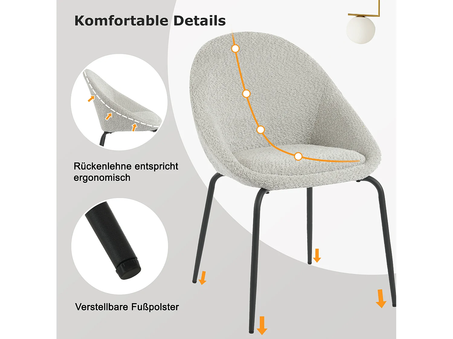 Conjunto de 6 cadeiras encaracoladas modernas - Veludo e metal - 51 x 40 x 77 cm - Cinza