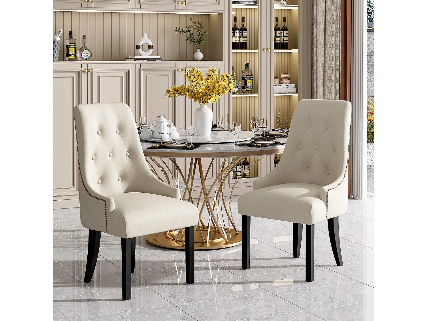 Lot de 2 chaises de salle à manger - 56 x 55 x 100 cm - Velours et pieds en bois d'hévéa - Beige