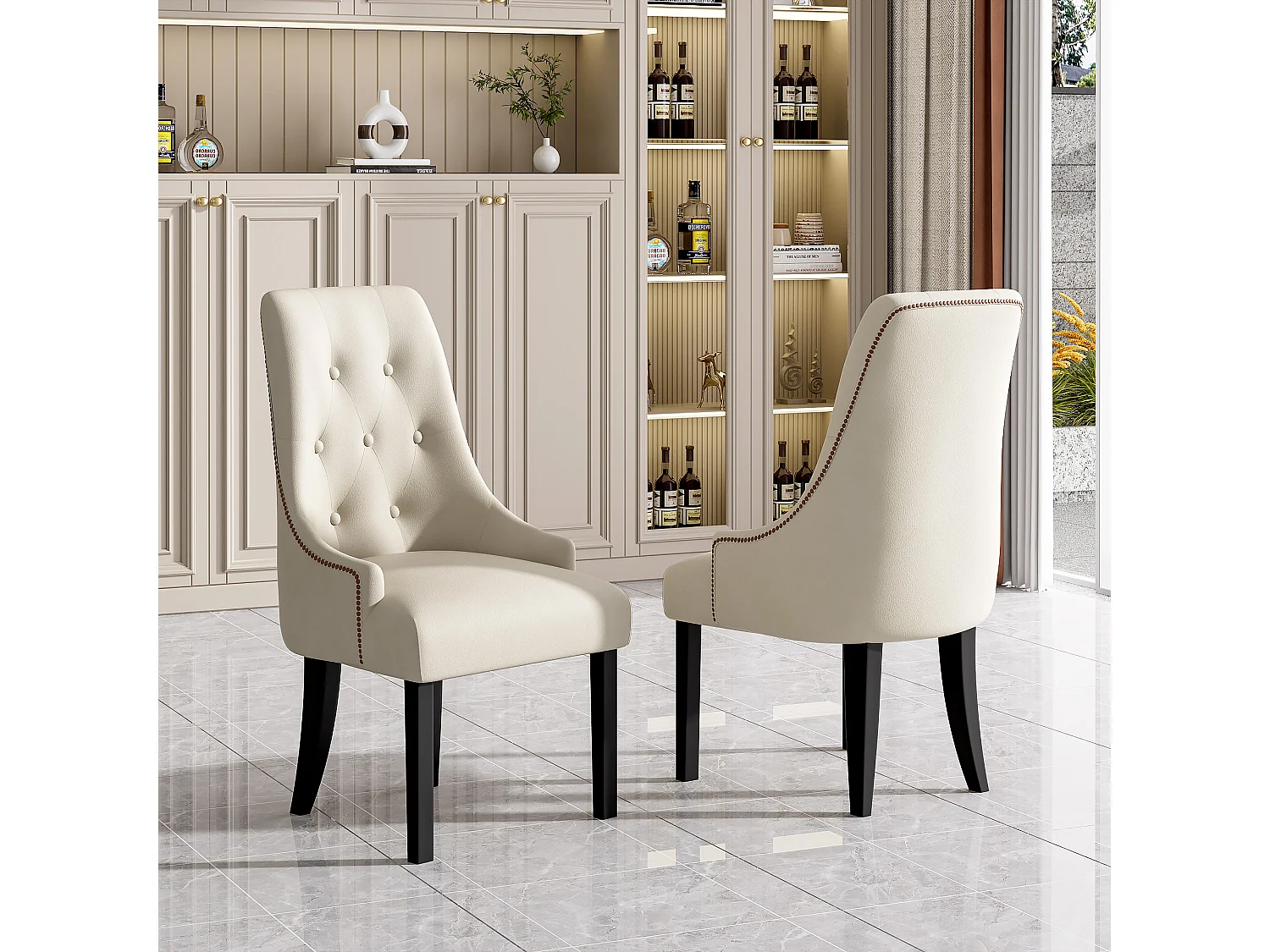Lot de 2 chaises de salle à manger - 56 x 55 x 100 cm - Velours et pieds en bois d'hévéa - Beige