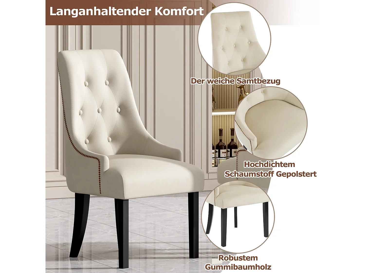 Lot de 2 chaises de salle à manger - 56 x 55 x 100 cm - Velours et pieds en bois d'hévéa - Beige