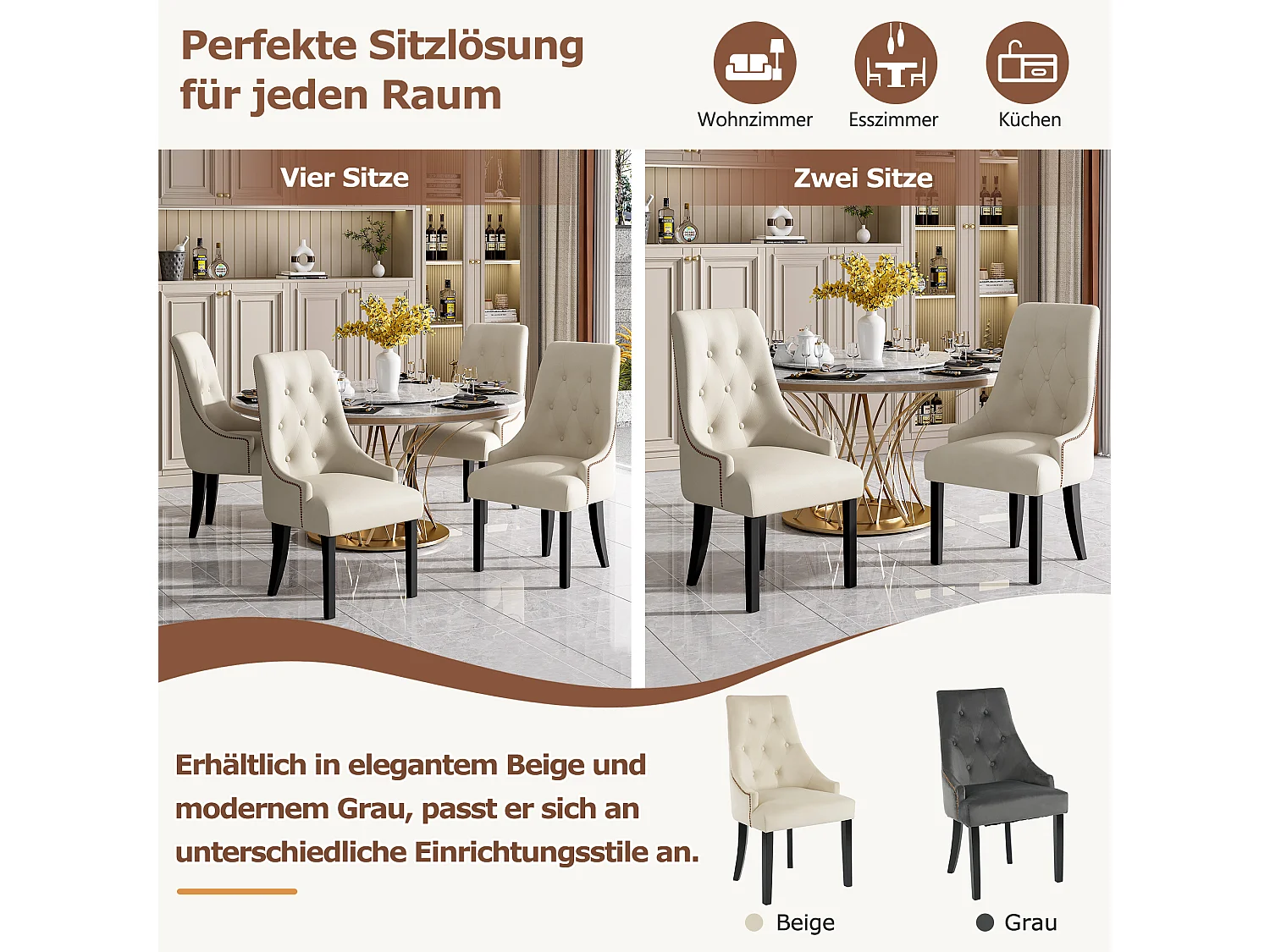 Lot de 2 chaises de salle à manger - 56 x 55 x 100 cm - Velours et pieds en bois d'hévéa - Beige
