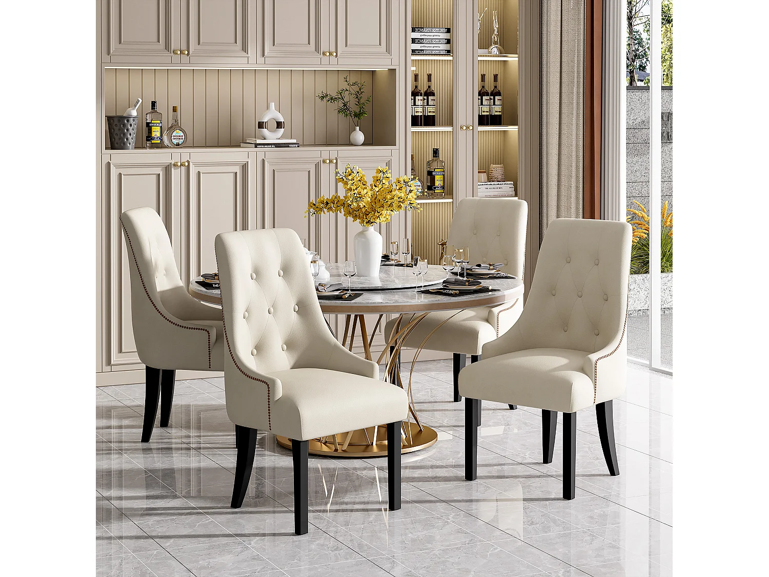 Lot de 4 chaises de salle à manger - 56 x 55 x 100 cm - Velours et pieds en bois d'hévéa - Beige