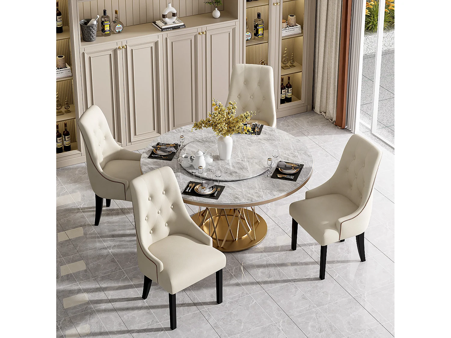 Lot de 4 chaises de salle à manger - 56 x 55 x 100 cm - Velours et pieds en bois d'hévéa - Beige