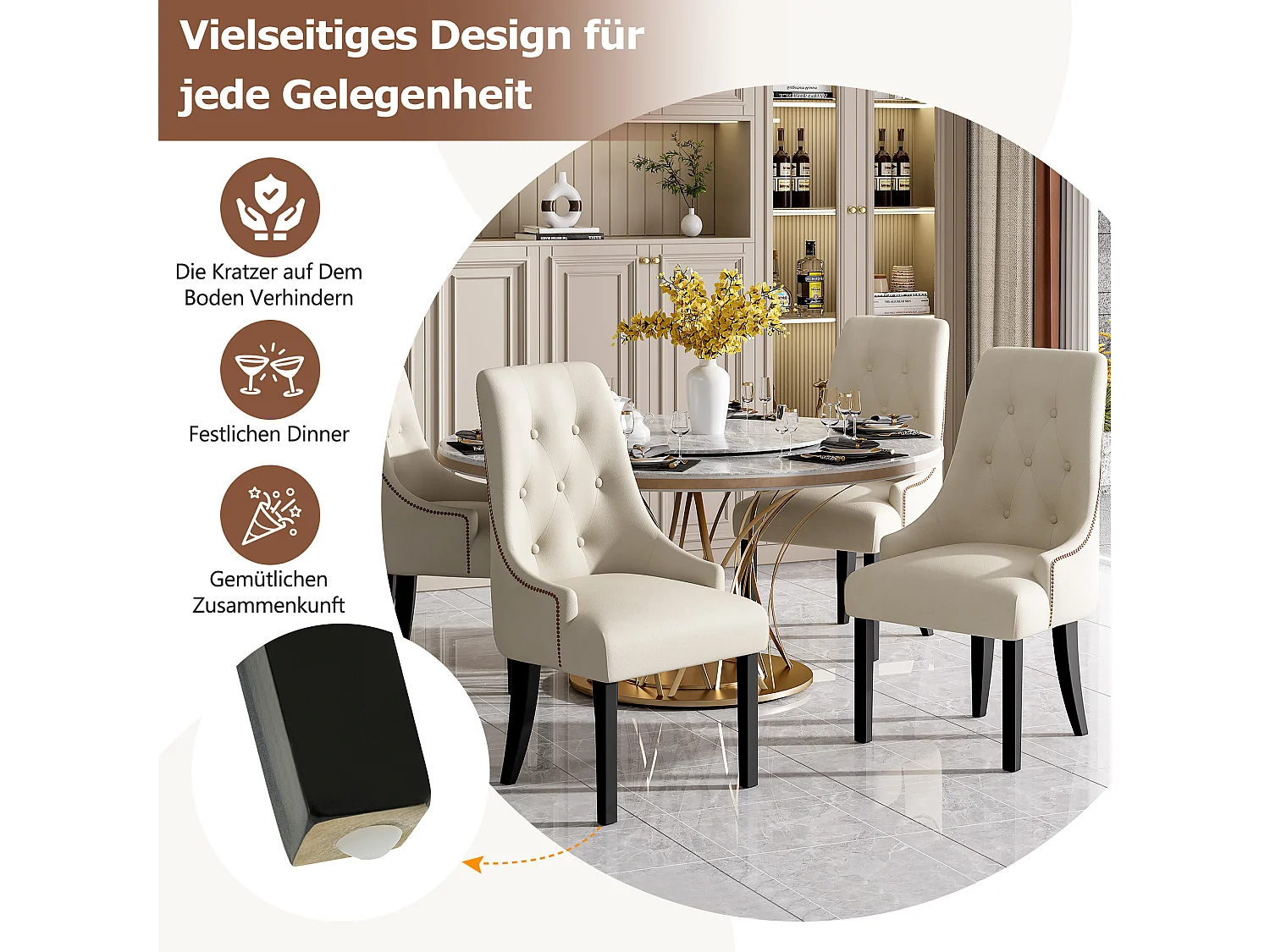 Lot de 4 chaises de salle à manger - 56 x 55 x 100 cm - Velours et pieds en bois d'hévéa - Beige