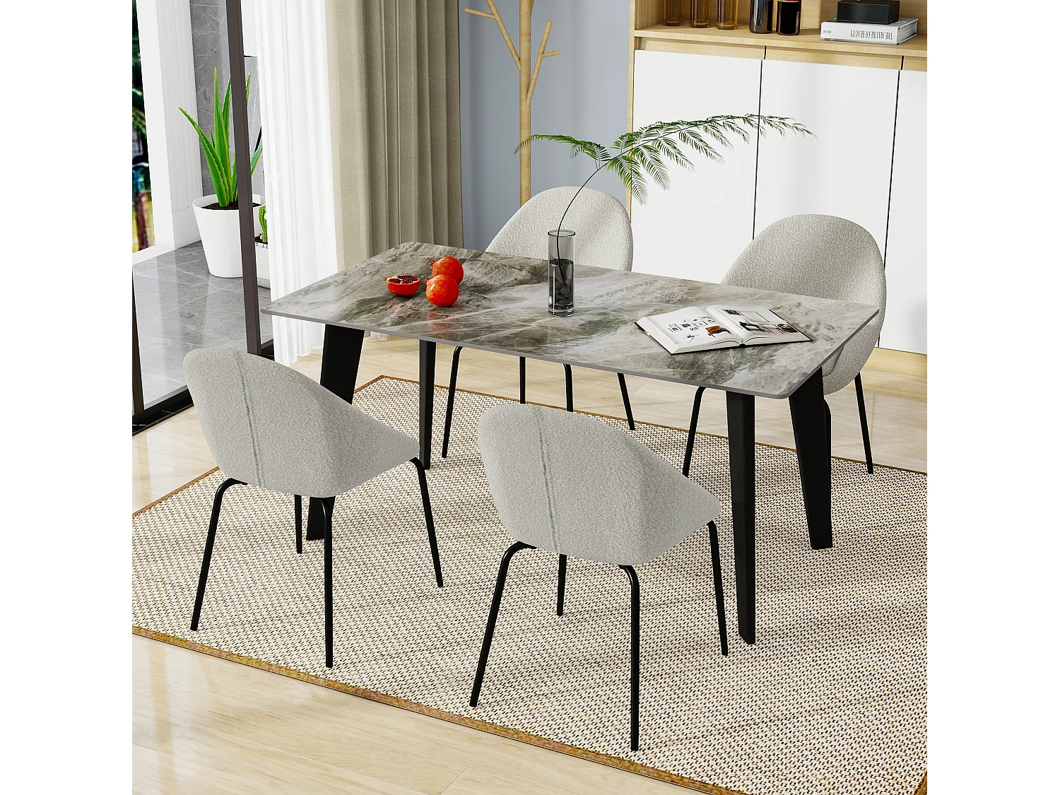 Lot de 4 chaises bouclées modernes - Velours et métal - 51 x 40 x 77 cm - Gris