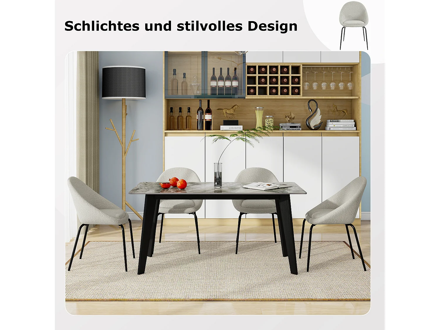 Lot de 4 chaises bouclées modernes - Velours et métal - 51 x 40 x 77 cm - Gris