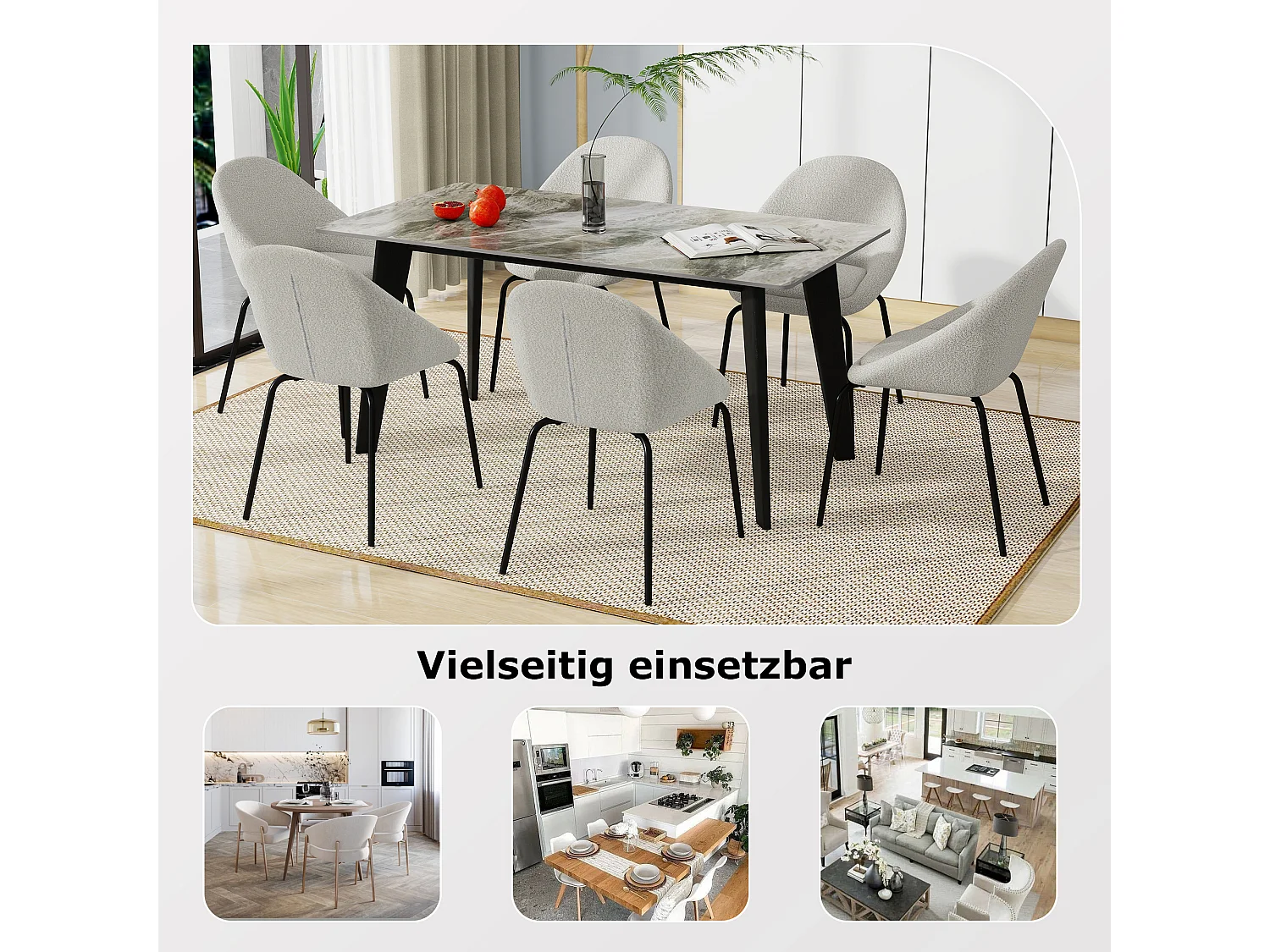 Lot de 4 chaises bouclées modernes - Velours et métal - 51 x 40 x 77 cm - Gris