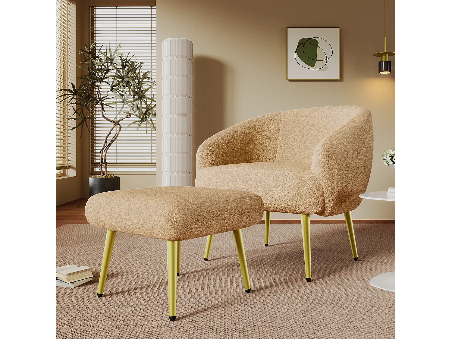 Chaise avec accoudoirs et repose-pièds - 73 x 51 x 68 cm - Éponge + fibres de polypropylène - Marron