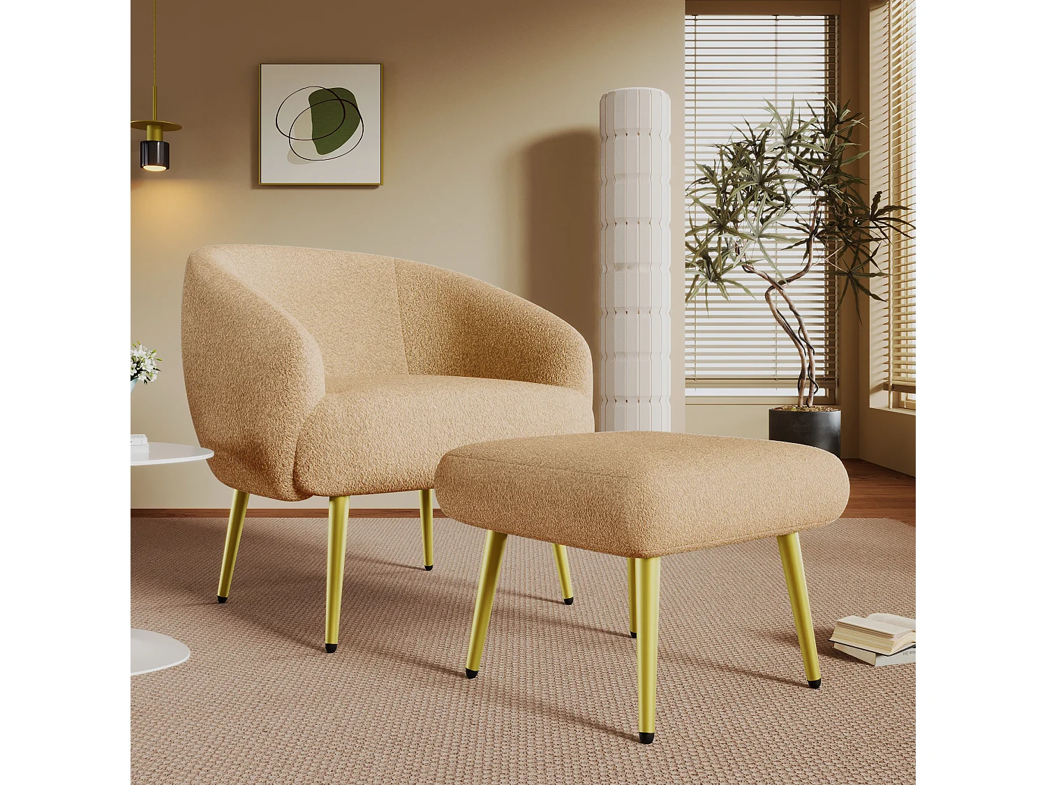 Chaise avec accoudoirs et repose-pièds - 73 x 51 x 68 cm - Éponge + fibres de polypropylène - Marron