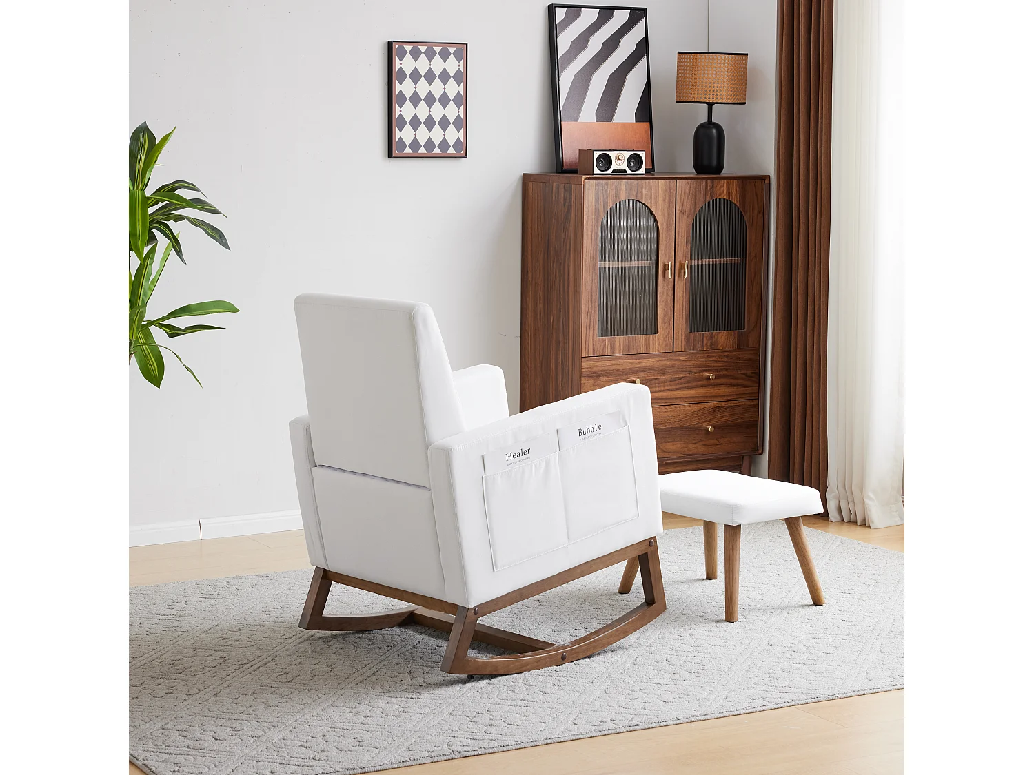 Schommelstoel met voetsteun en zakken - 65,5 x 84 x 92 cm - Spons + polypropyleenvezels - Wit