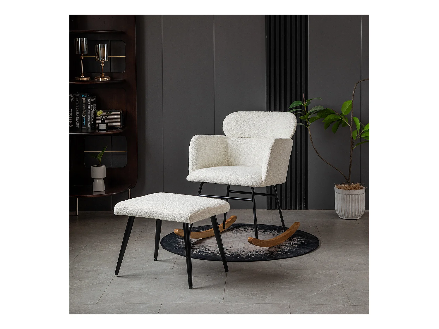 Chaise à bascule avec repose-pieds - 61 x 72.5 x 82 cm - Teddy-Polaire, boid d'évéa et métal - Blanc