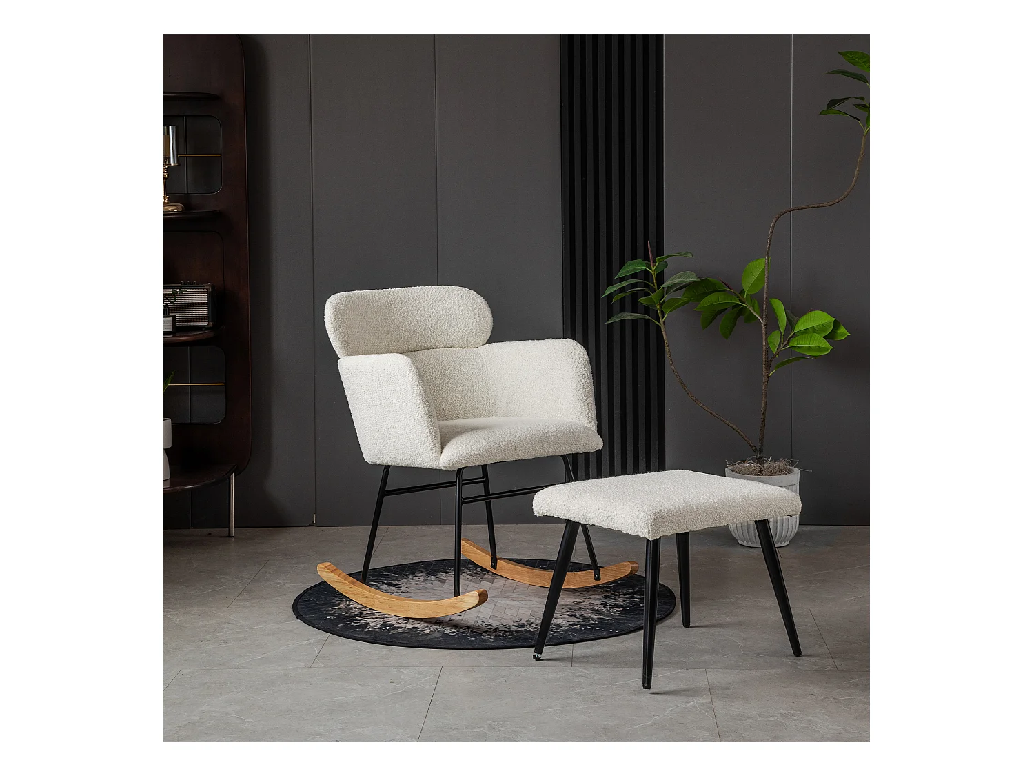 Chaise à bascule avec repose-pieds - 61 x 72.5 x 82 cm - Teddy-Polaire, boid d'évéa et métal - Blanc