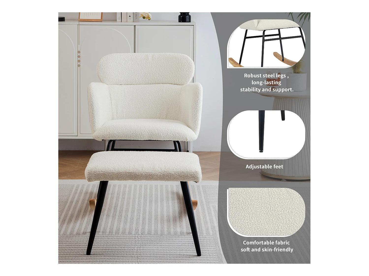 Chaise à bascule avec repose-pieds - 61 x 72.5 x 82 cm - Teddy-Polaire, boid d'évéa et métal - Blanc
