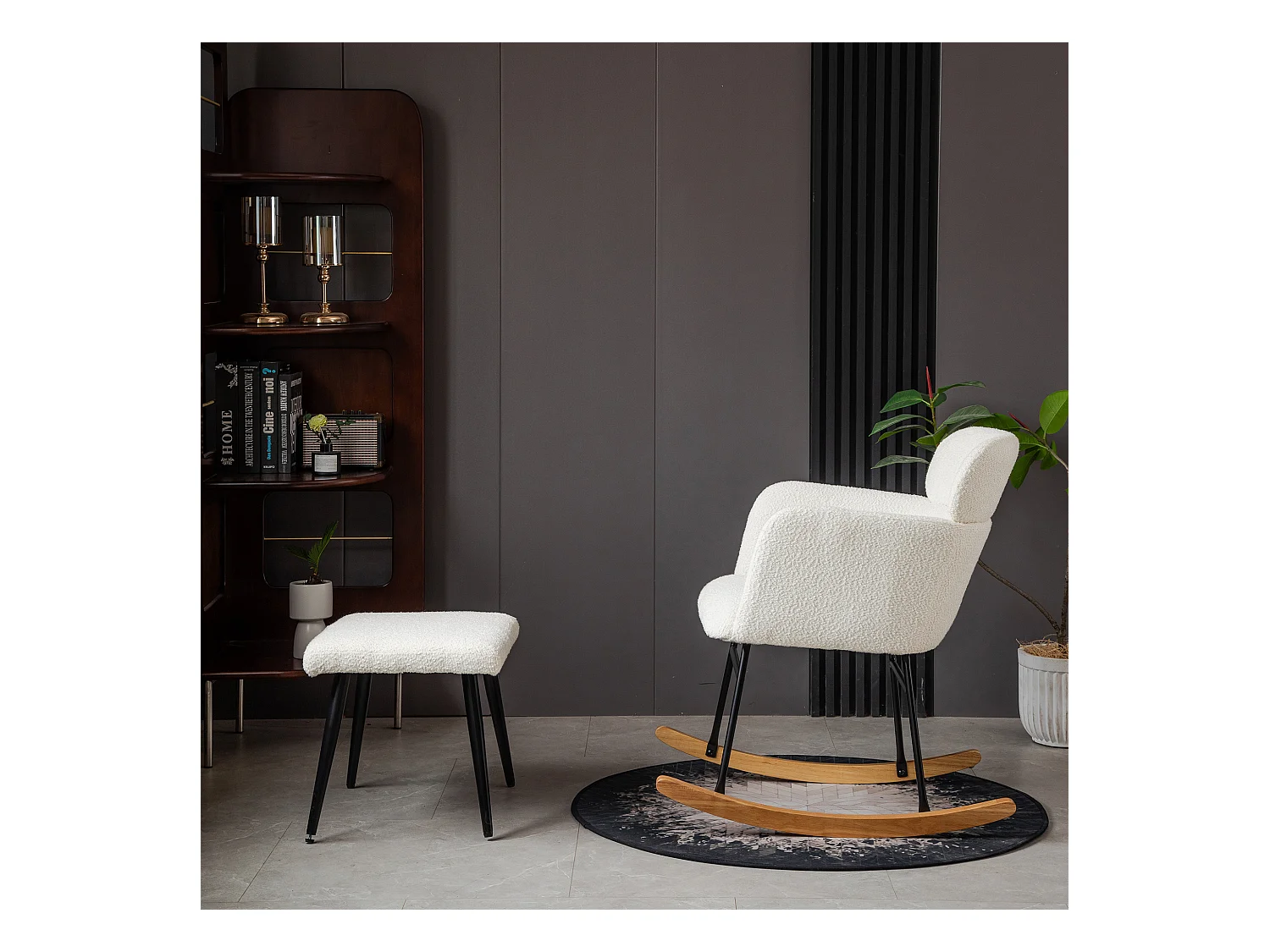Chaise à bascule avec repose-pieds - 61 x 72.5 x 82 cm - Teddy-Polaire, boid d'évéa et métal - Blanc