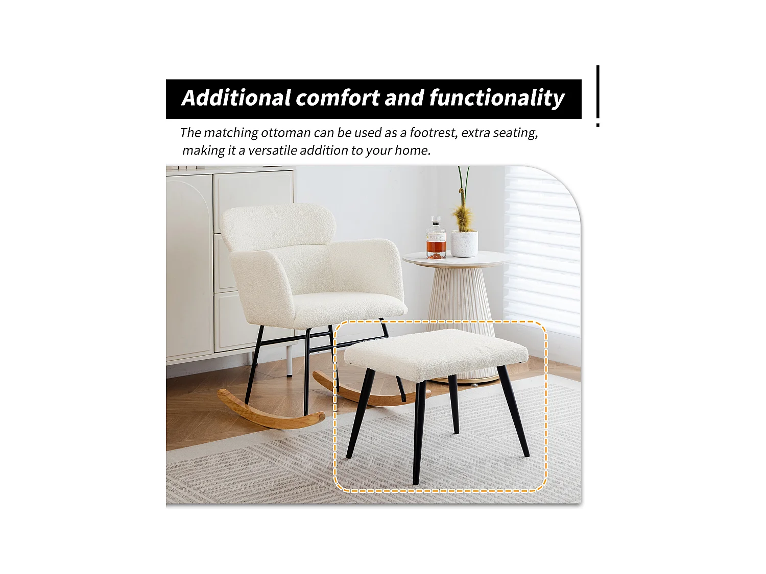 Chaise à bascule avec repose-pieds - 61 x 72.5 x 82 cm - Teddy-Polaire, boid d'évéa et métal - Blanc