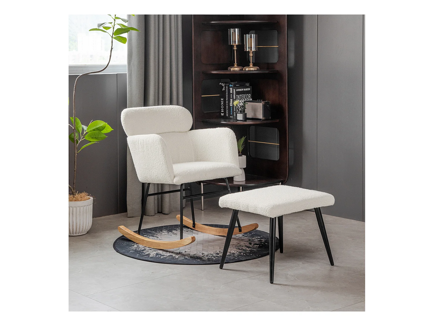 Chaise à bascule avec repose-pieds - 61 x 72.5 x 82 cm - Teddy-Polaire, boid d'évéa et métal - Blanc