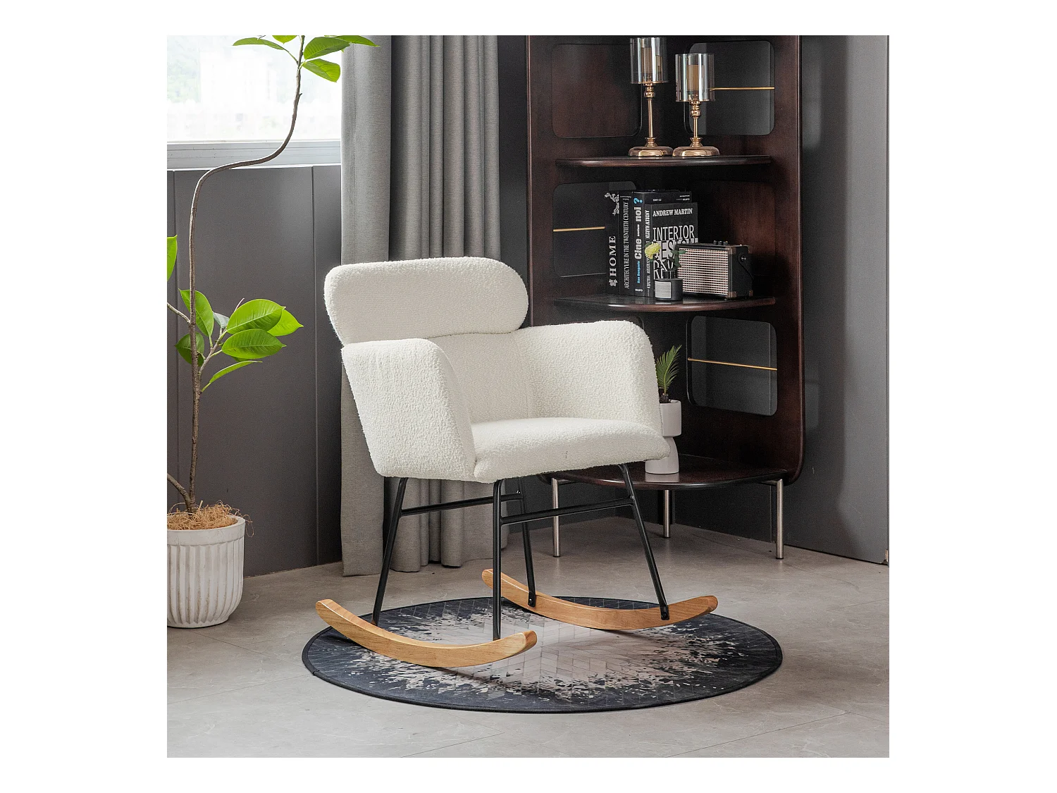 Chaise à bascule avec repose-pieds - 61 x 72.5 x 82 cm - Teddy-Polaire, boid d'évéa et métal - Blanc