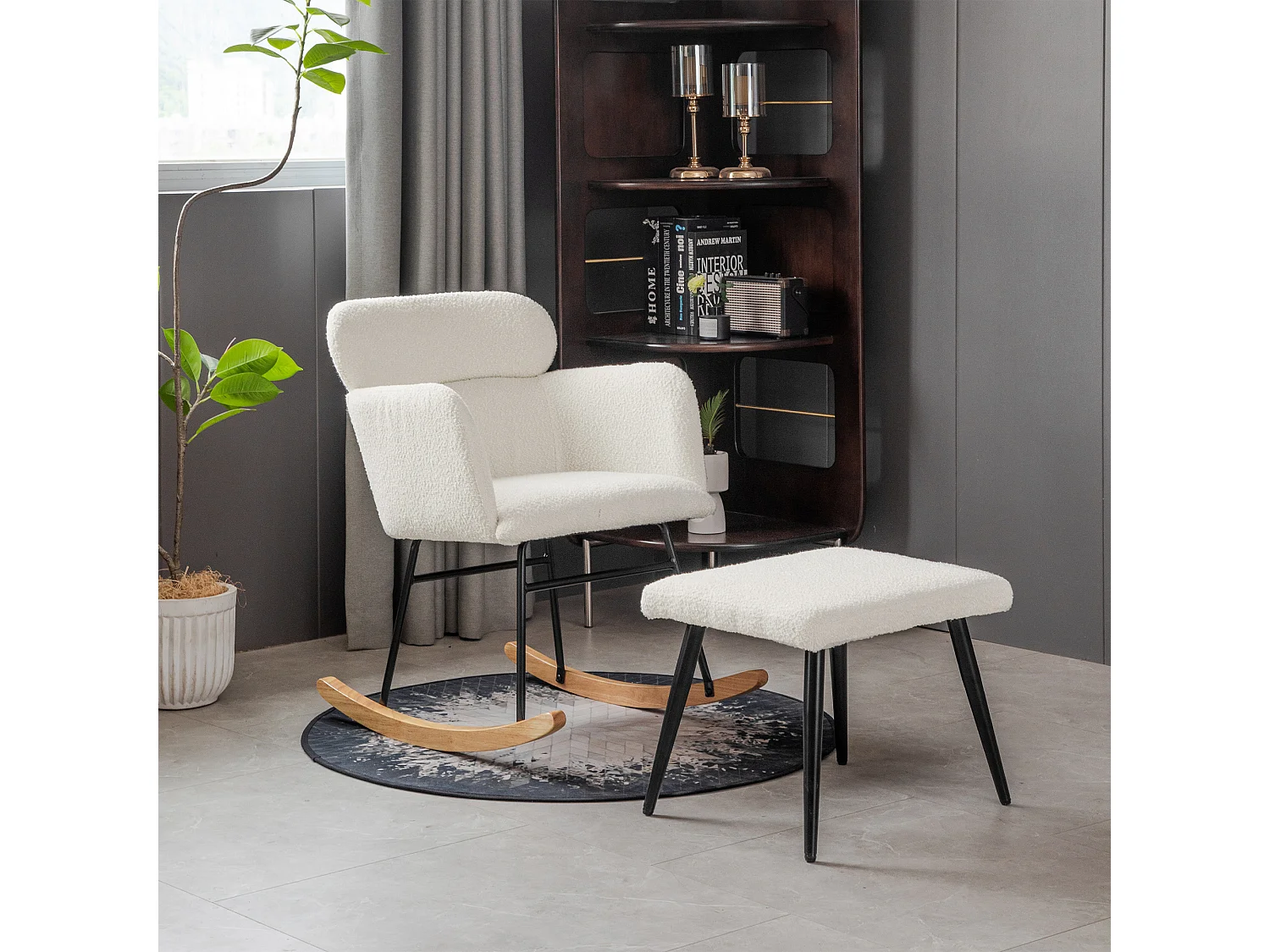 Chaise à bascule avec repose-pieds - 61 x 72.5 x 82 cm - Teddy-Polaire, boid d'évéa et métal - Blanc