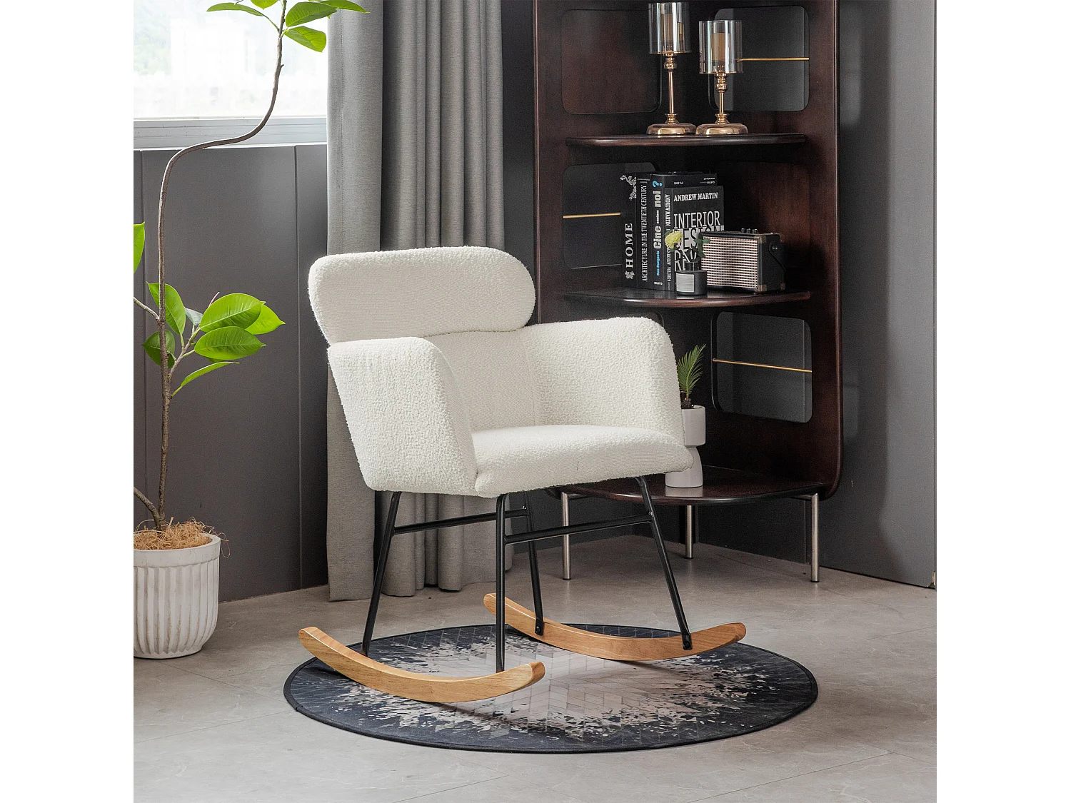 Chaise à bascule avec repose-pieds - 61 x 72.5 x 82 cm - Teddy-Polaire, boid d'évéa et métal - Blanc