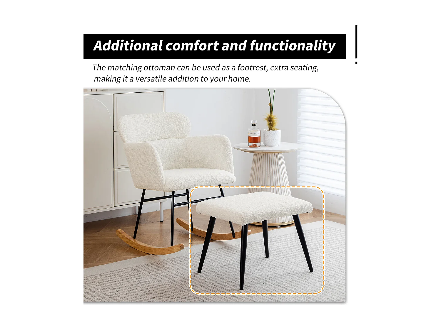 Chaise à bascule avec repose-pieds - 61 x 72.5 x 82 cm - Teddy-Polaire, boid d'évéa et métal - Blanc