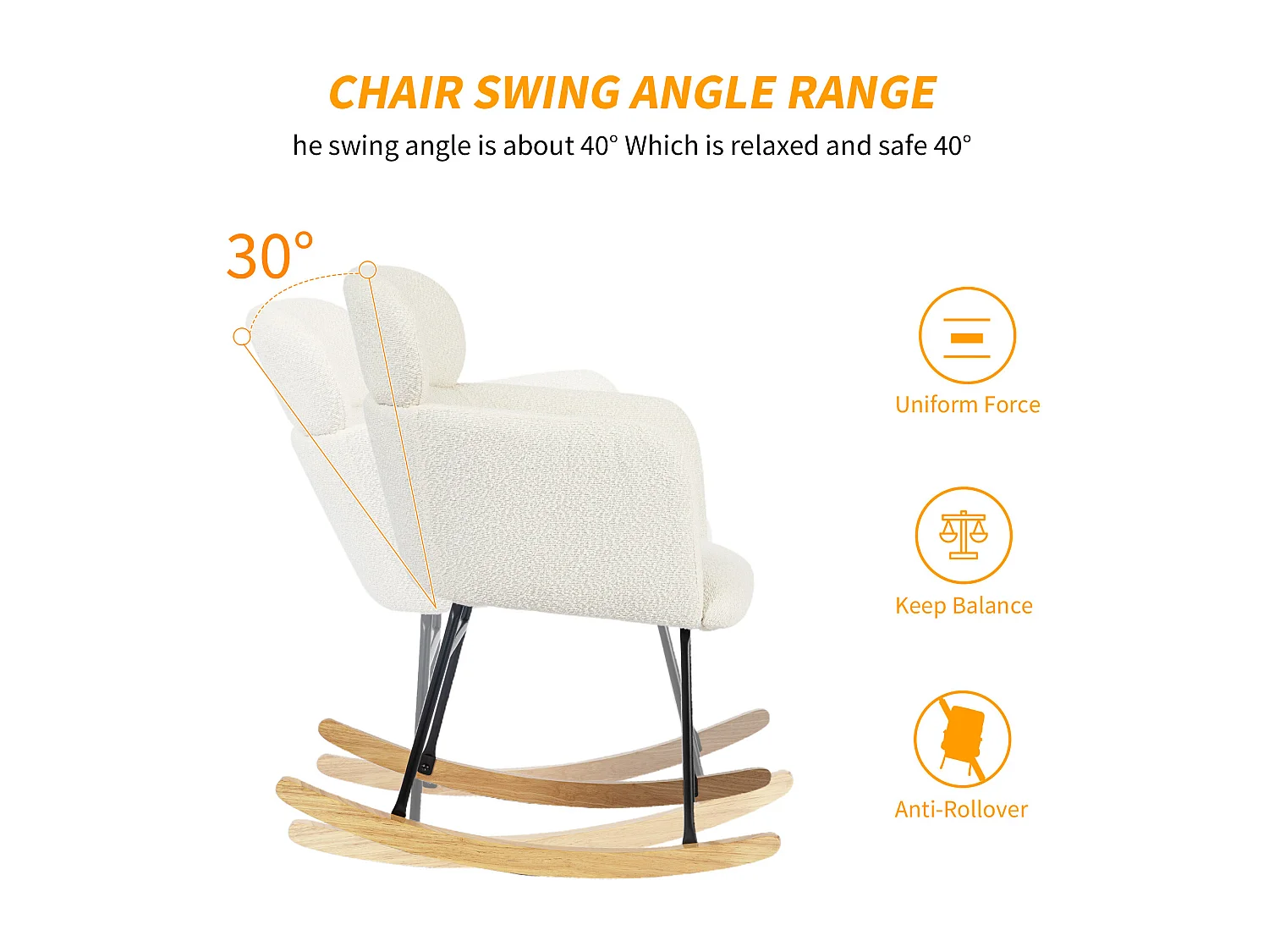 Chaise à bascule avec repose-pieds - 61 x 72.5 x 82 cm - Teddy-Polaire, boid d'évéa et métal - Blanc