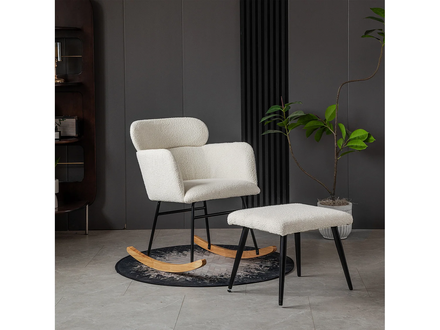 Chaise à bascule avec repose-pieds - 61 x 72.5 x 82 cm - Teddy-Polaire, boid d'évéa et métal - Blanc