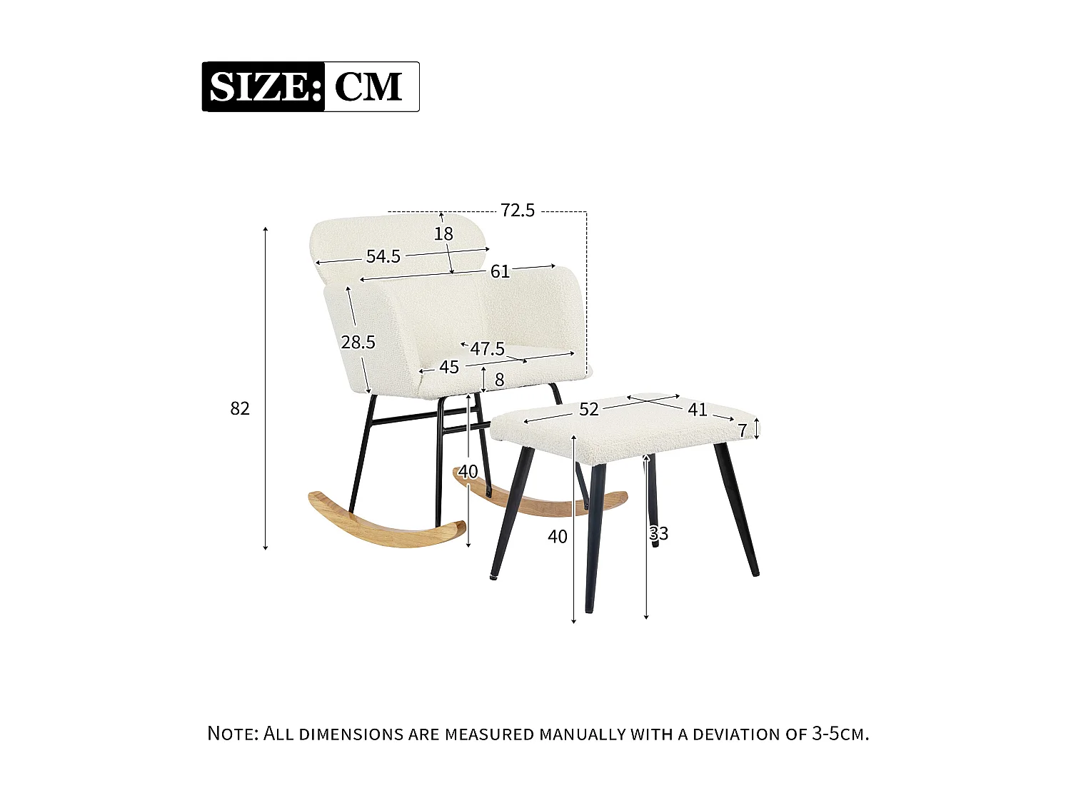 Chaise à bascule avec repose-pieds - 61 x 72.5 x 82 cm - Teddy-Polaire, boid d'évéa et métal - Blanc