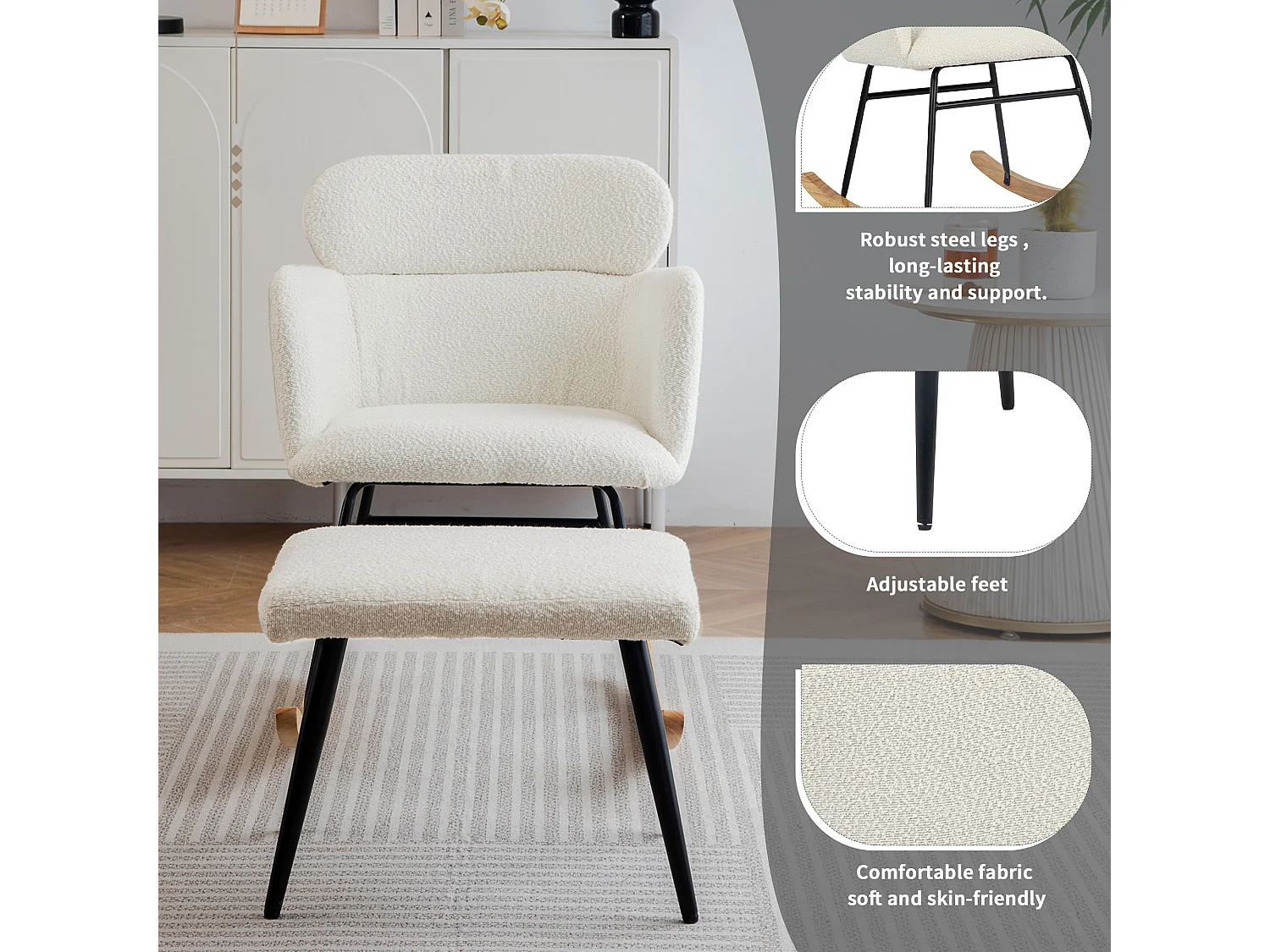 Chaise à bascule avec repose-pieds - 61 x 72.5 x 82 cm - Teddy-Polaire, boid d'évéa et métal - Blanc